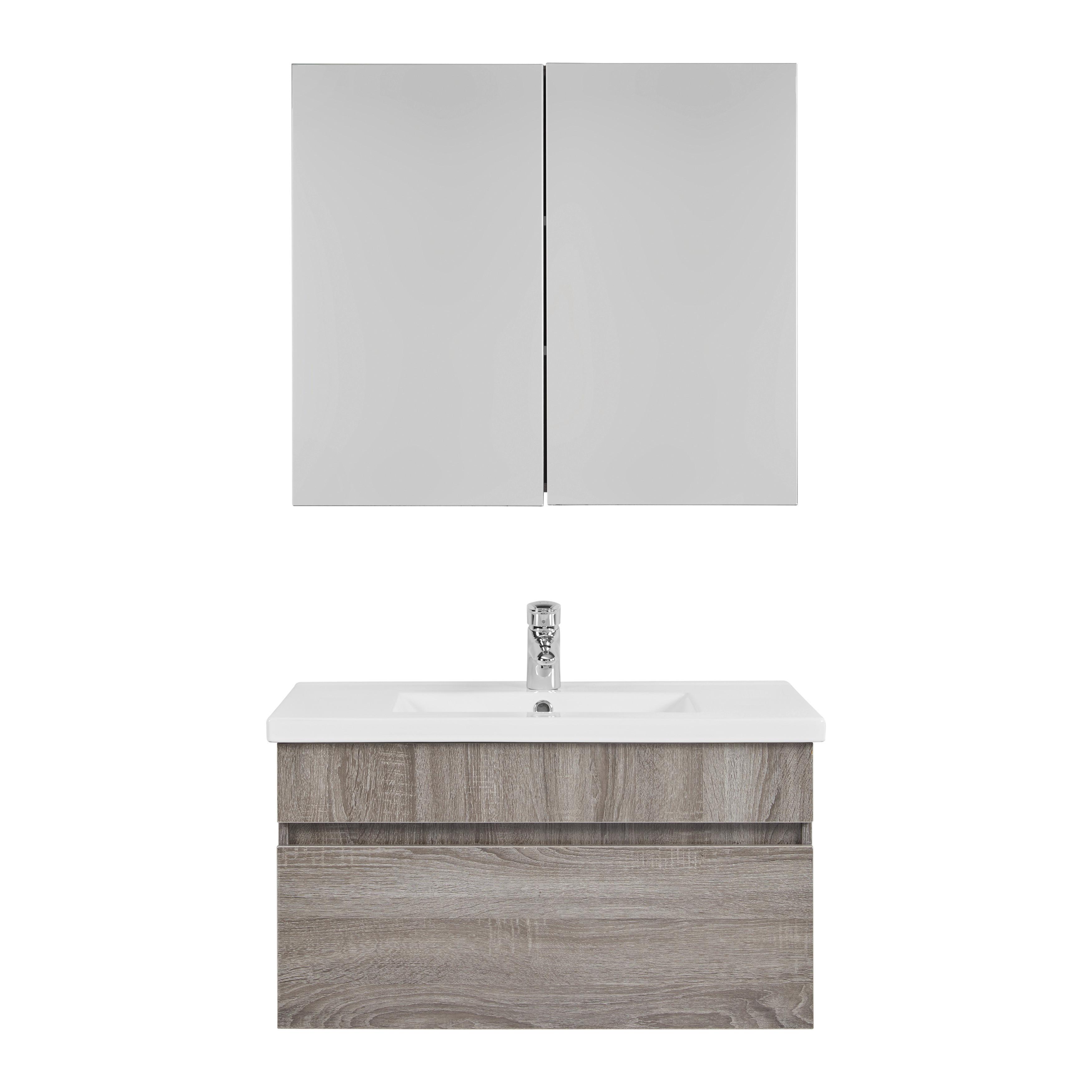 Skříňka s umyvadlem ISLA - bílá/šedá, Moderní, keramika/sklo (80/70/47/70/47/13cm) - Livetastic