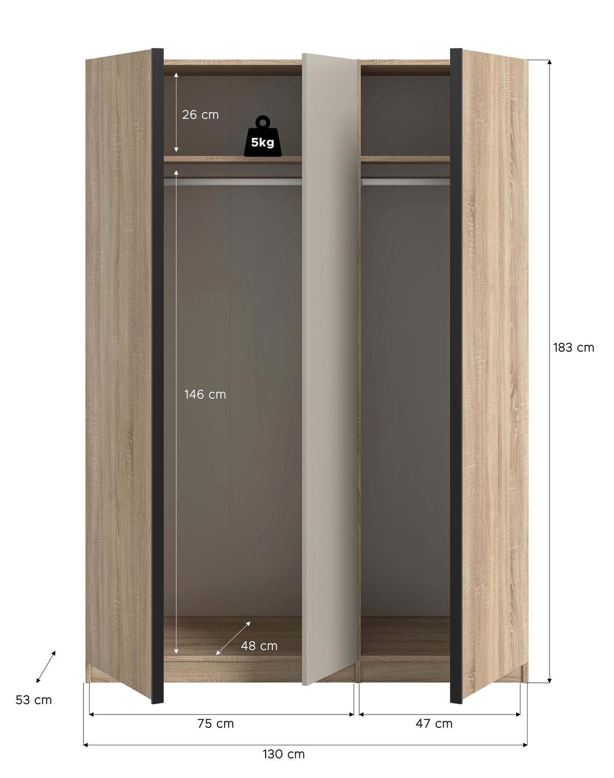 Drehtürenschrank Oakland Sonoma Eiche/Kashmir B: 130 cm - Kaschmir/Sonoma Eiche, MODERN, Holzwerkstoff (130/183/53cm) - MID.YOU