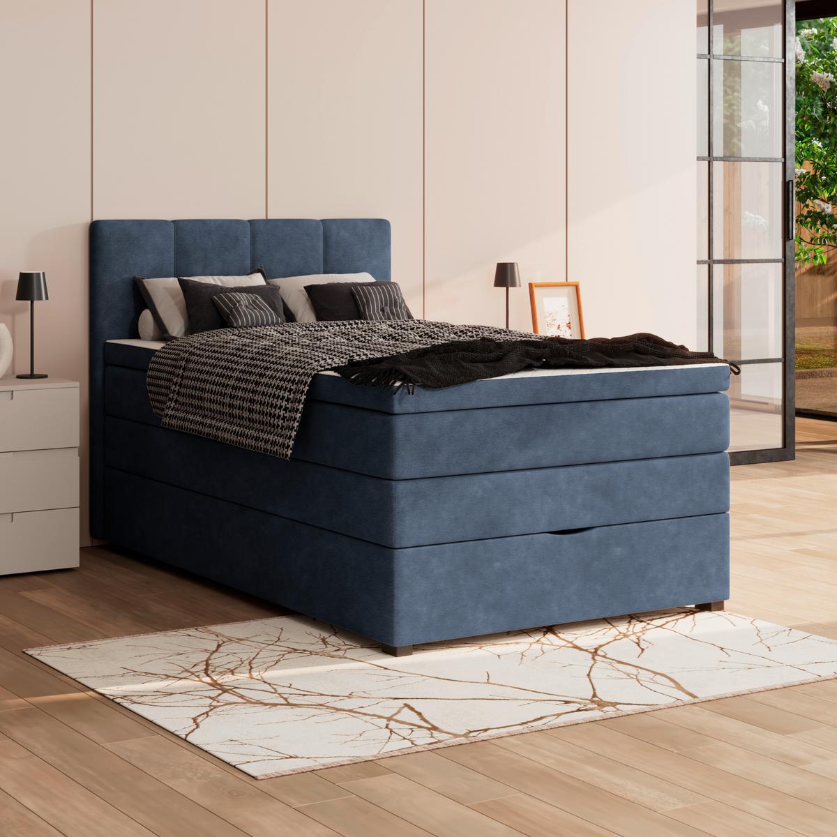 Boxspringbett mit Topper & Bettkasten 120x200 Lauro - Blau/Schwarz, Trend, Textil (120/200cm)
