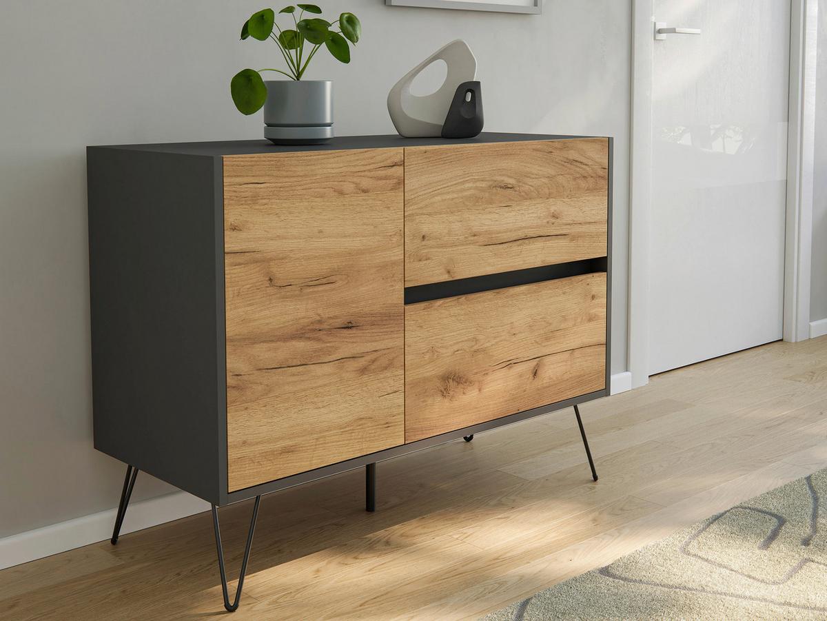 Sideboard Posseik Industrial Graphit/eichefarben B: 99 Cm - Eichefarben/Schwarz, Design, Holzwerkstoff (99/75,8/42cm) - P & B