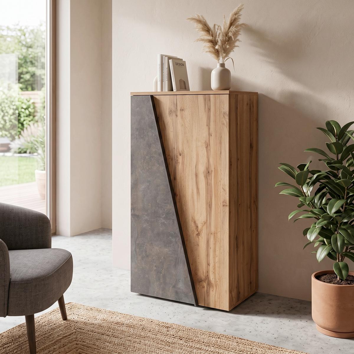 Highboard B: 77 cm Venedig, Wotan Eiche Dekor/Betonoptik - Eichefarben/Dunkelgrau, MODERN, Holzwerkstoff (77/134/37cm)