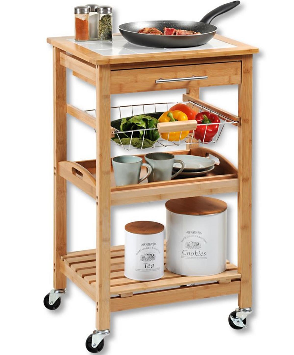 Servierwagen Bambus Natur Mit 3 Ablagen + Lade - MODERN, Holz/Keramik (49/81/38cm) - Kesper