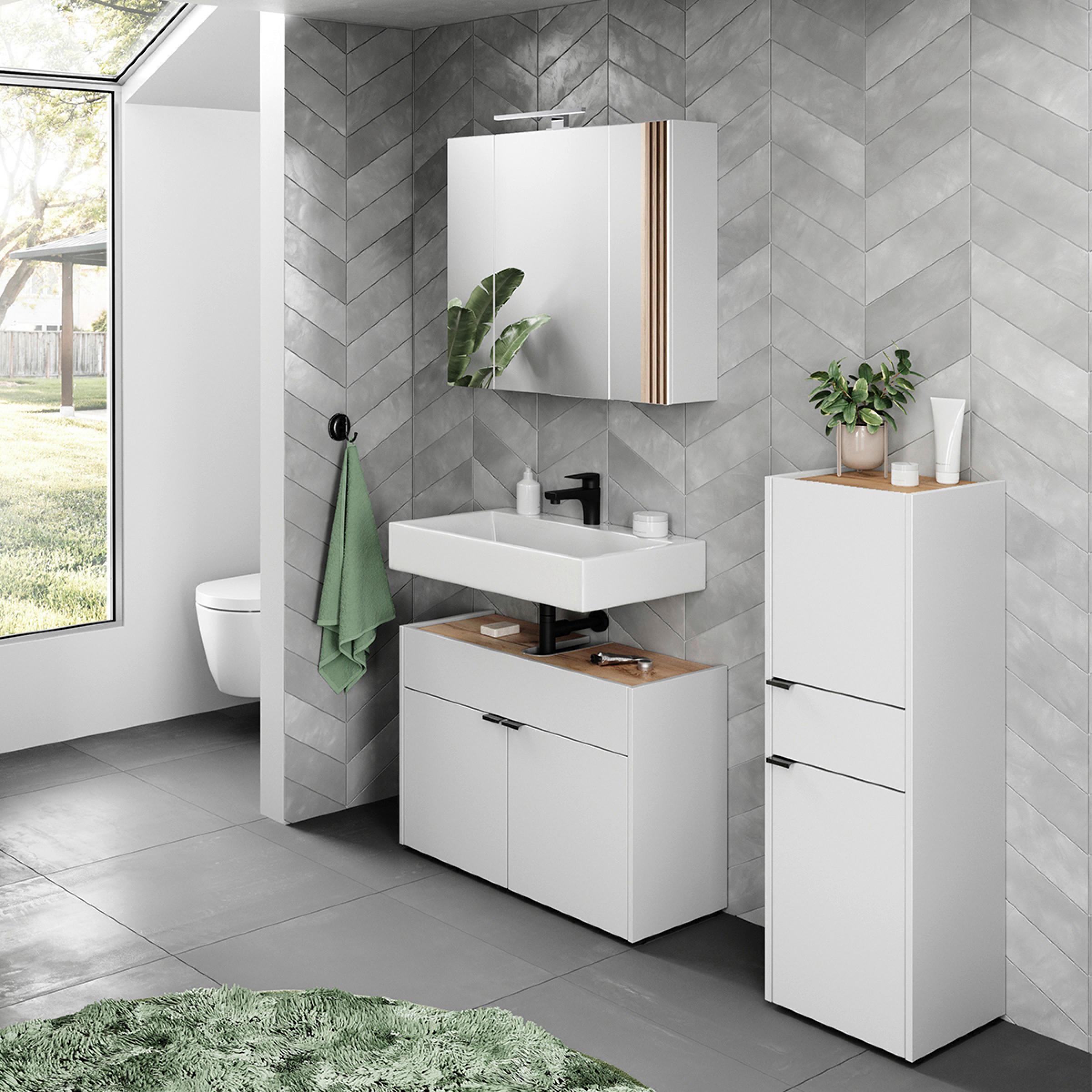 Badezimmer Forano Weiß Eichefarben - Eichefarben/Schwarz, MODERN, Holzwerkstoff (129cm) - Germania