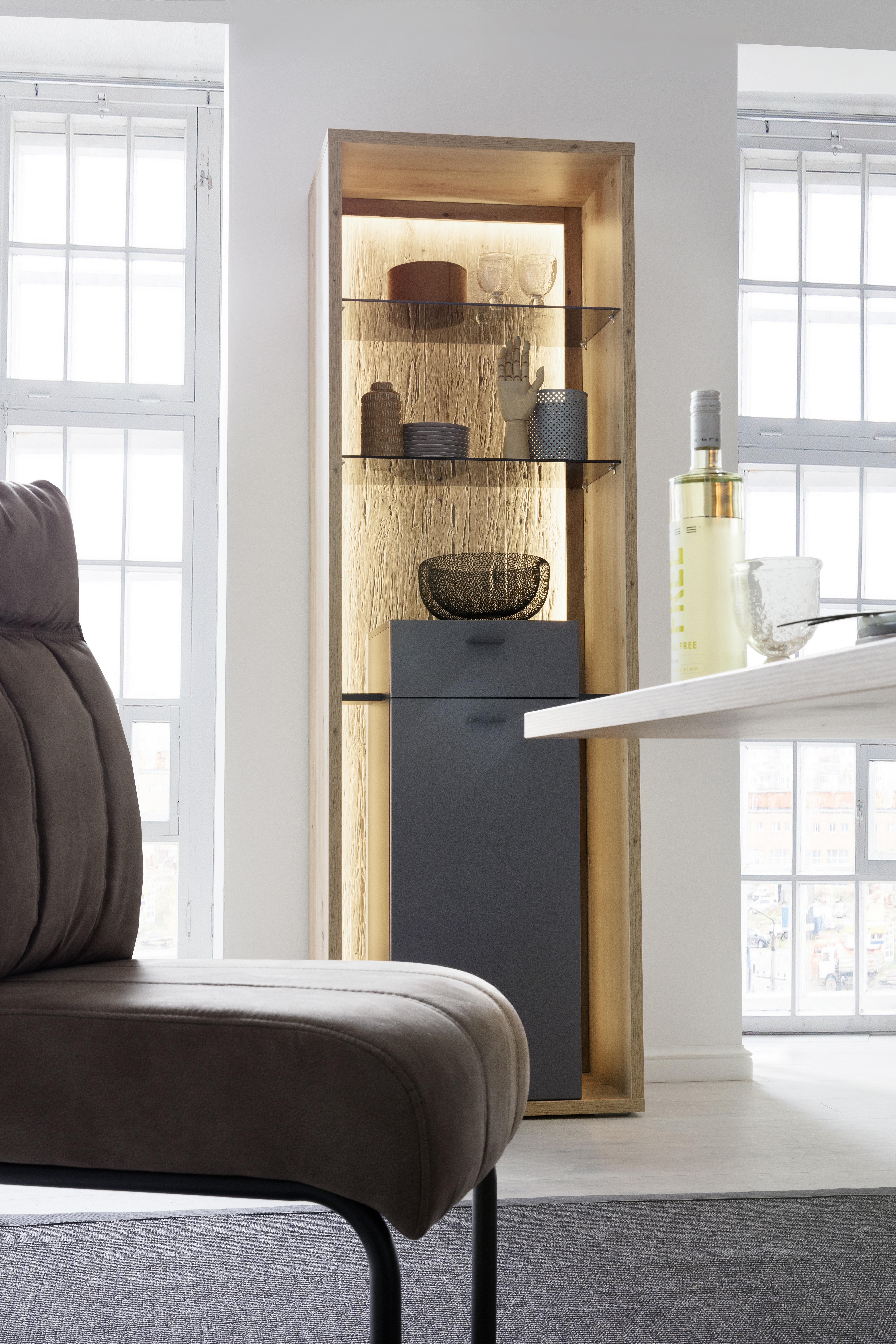 Vitrine Lizzano B: 66 cm Grau/Eichefarben - Eichefarben/Grau, Design, Glas/Holzwerkstoff (66/209/40cm) - MID.YOU
