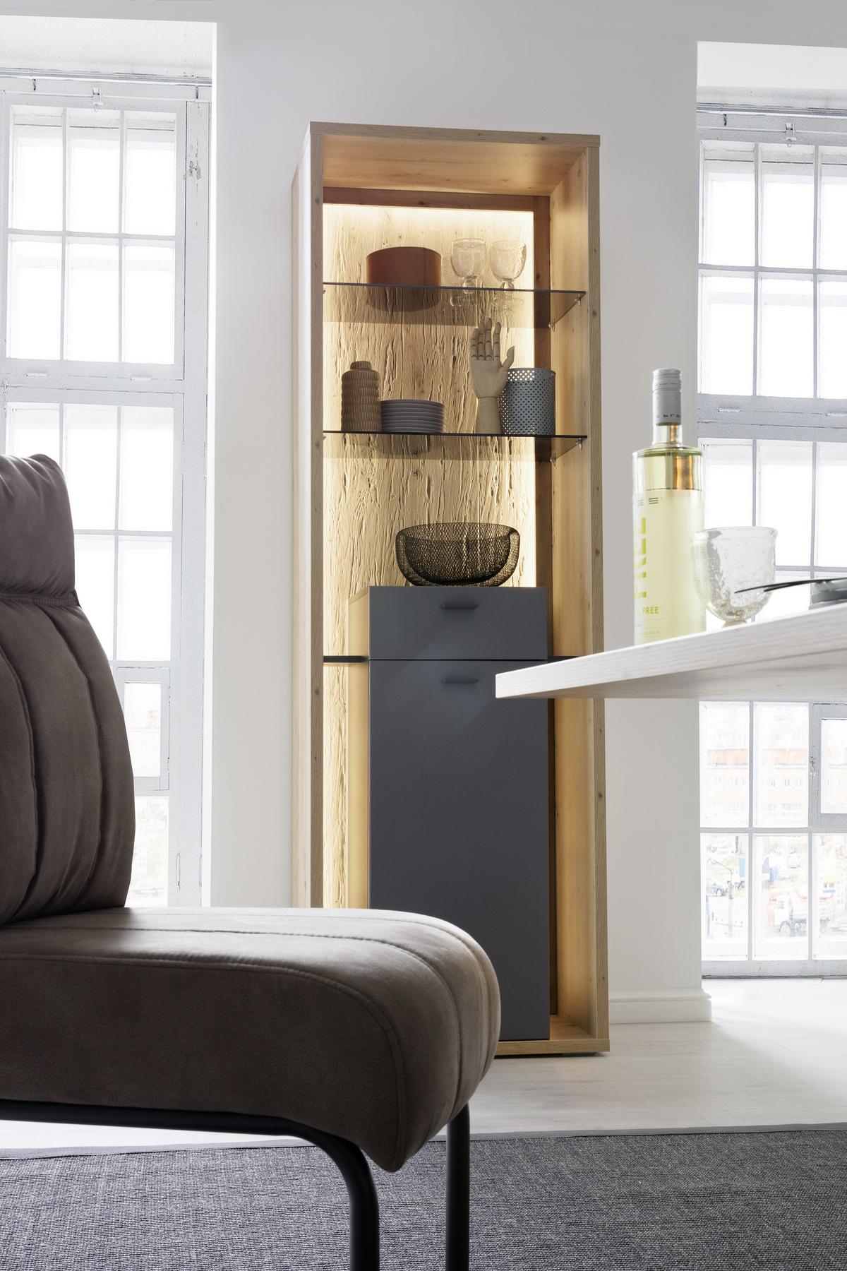 Vitrine Lizzano B: 66 cm Grau/Eichefarben - Eichefarben/Grau, Design, Glas/Holzwerkstoff (66/209/40cm) - MID.YOU