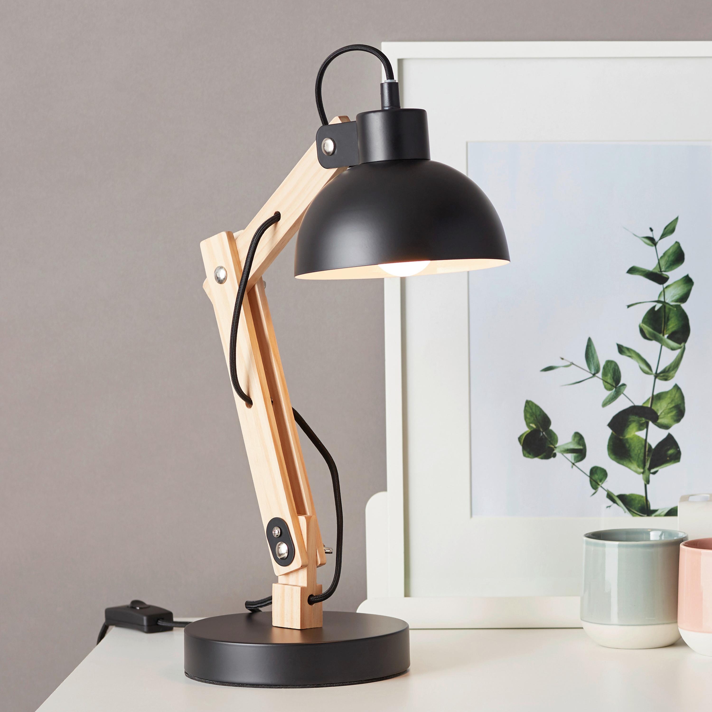 Schreibtischlampe Moda Schwarz mit Schnurschalter - Schwarz, Natur, Holz/Metall (41,5/16/32cm) - Brilliant