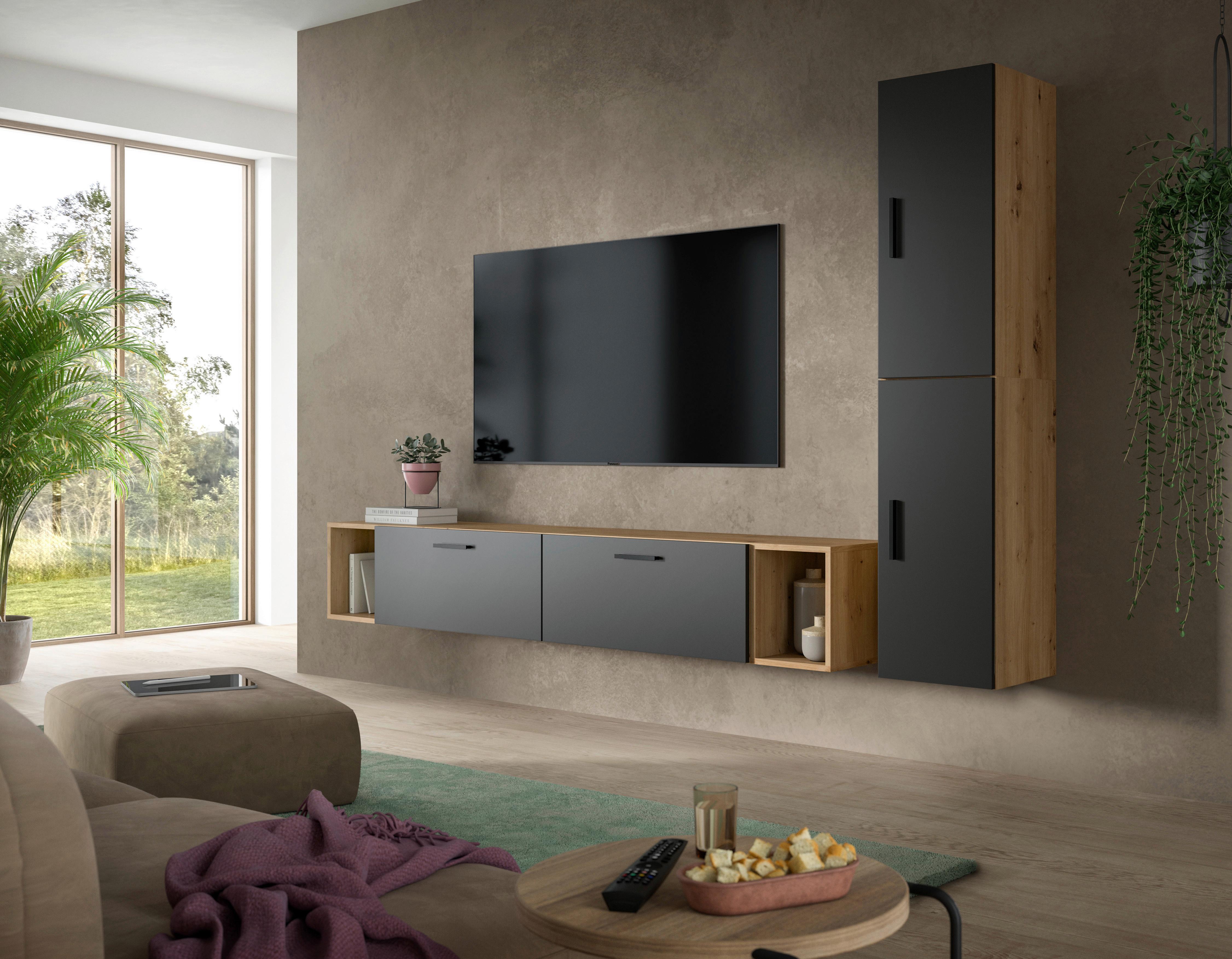 Wohnwand, The One 1, B: 259 cm Grau/Artisan Eiche Dekor - Schwarz/Eiche Artisan, Trend, Holzwerkstoff (259/182/34cm)