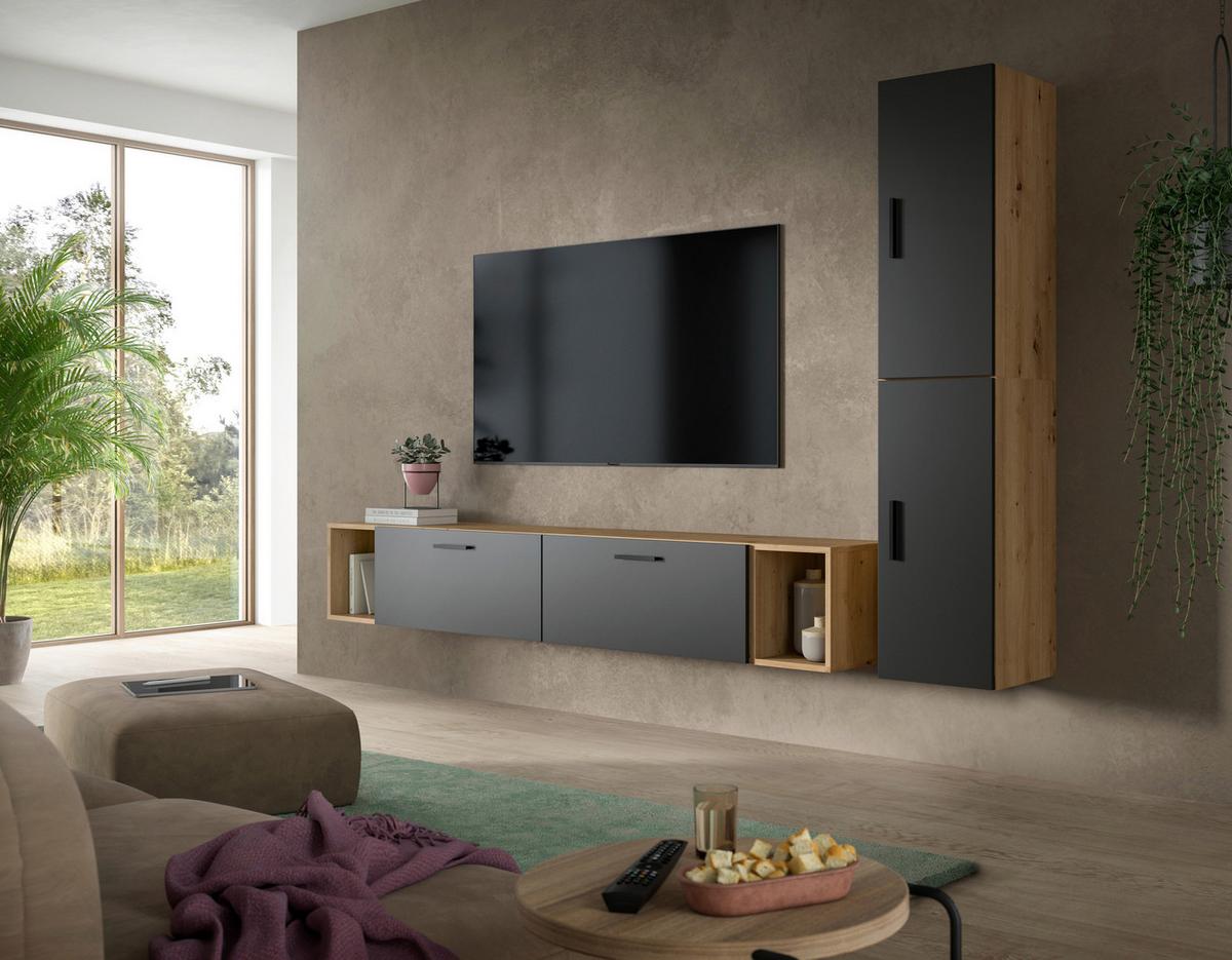 Wohnwand, The One 1, B: 259 cm Grau/Artisan Eiche Dekor - Schwarz/Eiche Artisan, Trend, Holzwerkstoff (259/182/34cm)