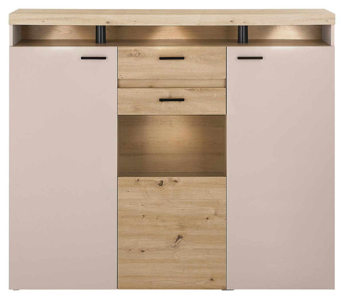 Highboard Strada Giga *ph* Eiche Artisan/Kashmir, B:151cm - Kaschmir/Schwarz, Trend, Glas/Holzwerkstoff (151/129/37cm)