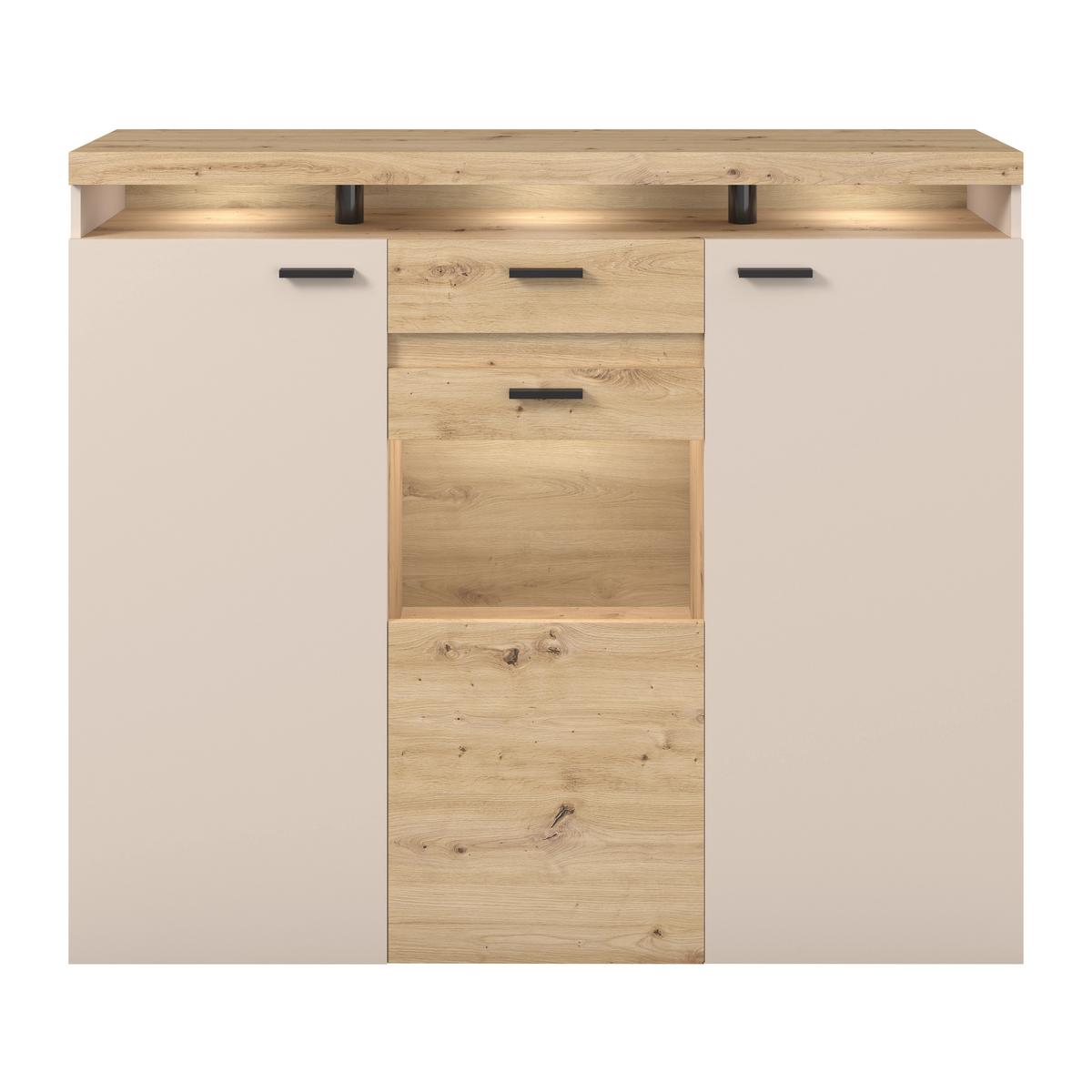 Highboard Strada Giga Eiche Artisan/Kashmir, B:151cm - Kaschmir/Schwarz, Trend, Glas/Holzwerkstoff (151/129/37cm)