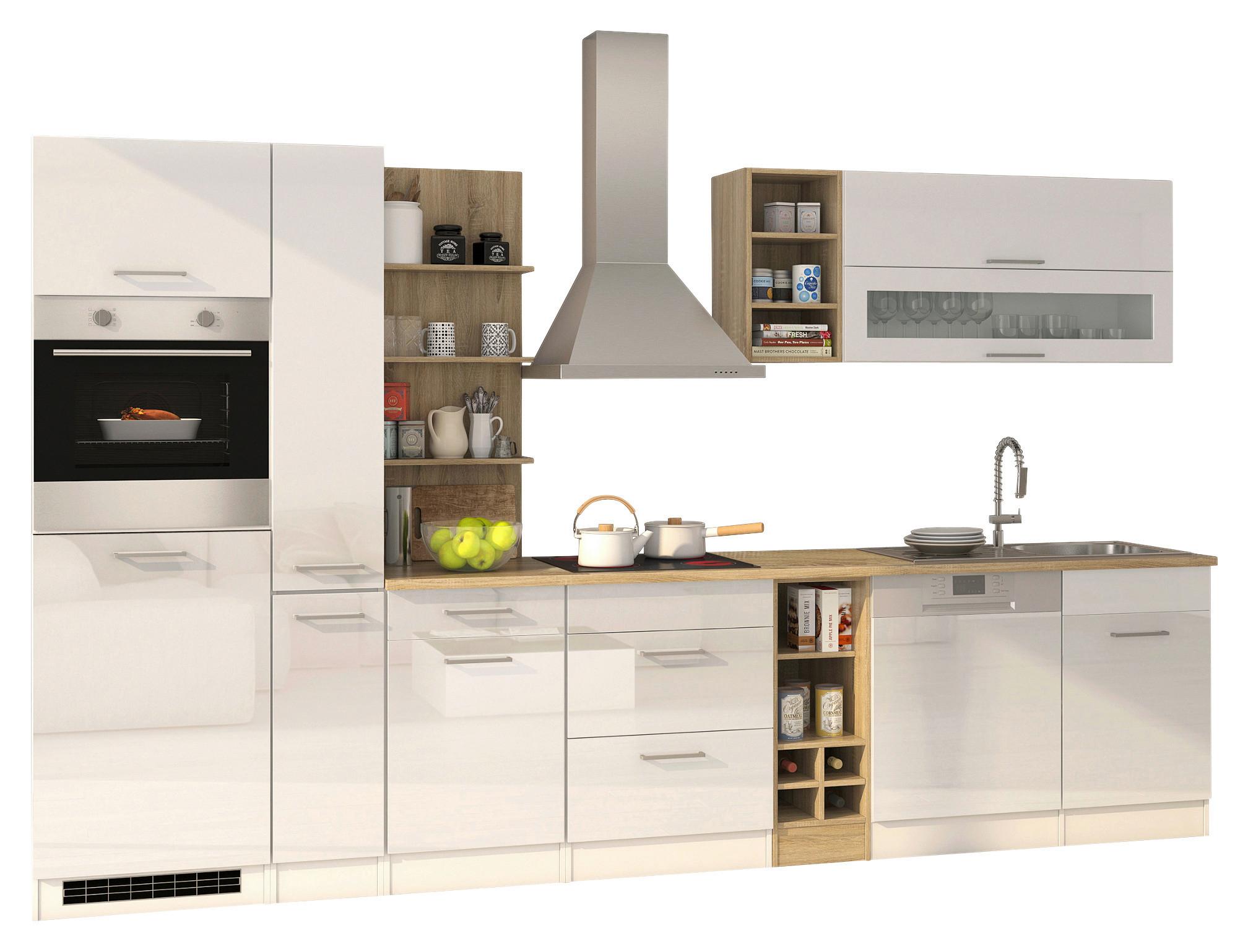 Küchenzeile Mailand mit Geräten 340 cm Weiß Modern - Weiß Hochglanz/Eichefarben, MODERN, Holzwerkstoff (340cm) - Held
