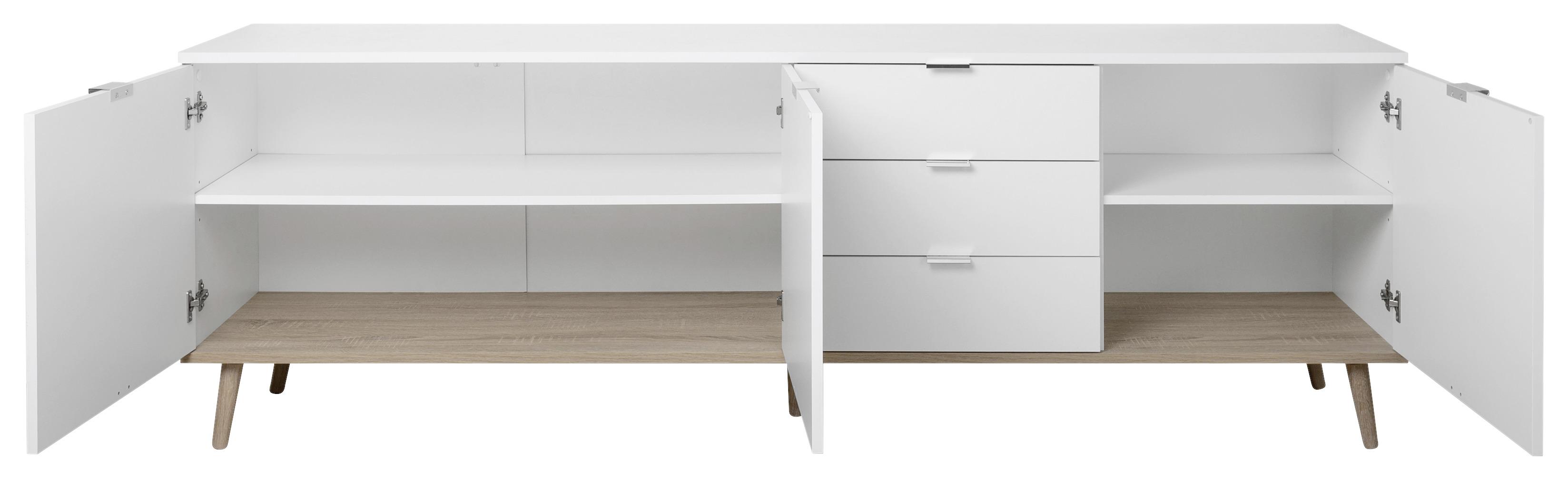 Sideboard in Weiß mit viel Stauraum und Füßen aus massiver Eiche