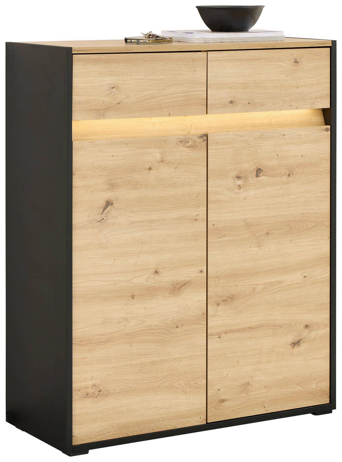 Garderoben-Set Welcome Eiche Dekor/Schwarz 4 -teilig. - Eichefarben/Schwarz, MODERN, Holzwerkstoff (209,1/200,7/38cm)