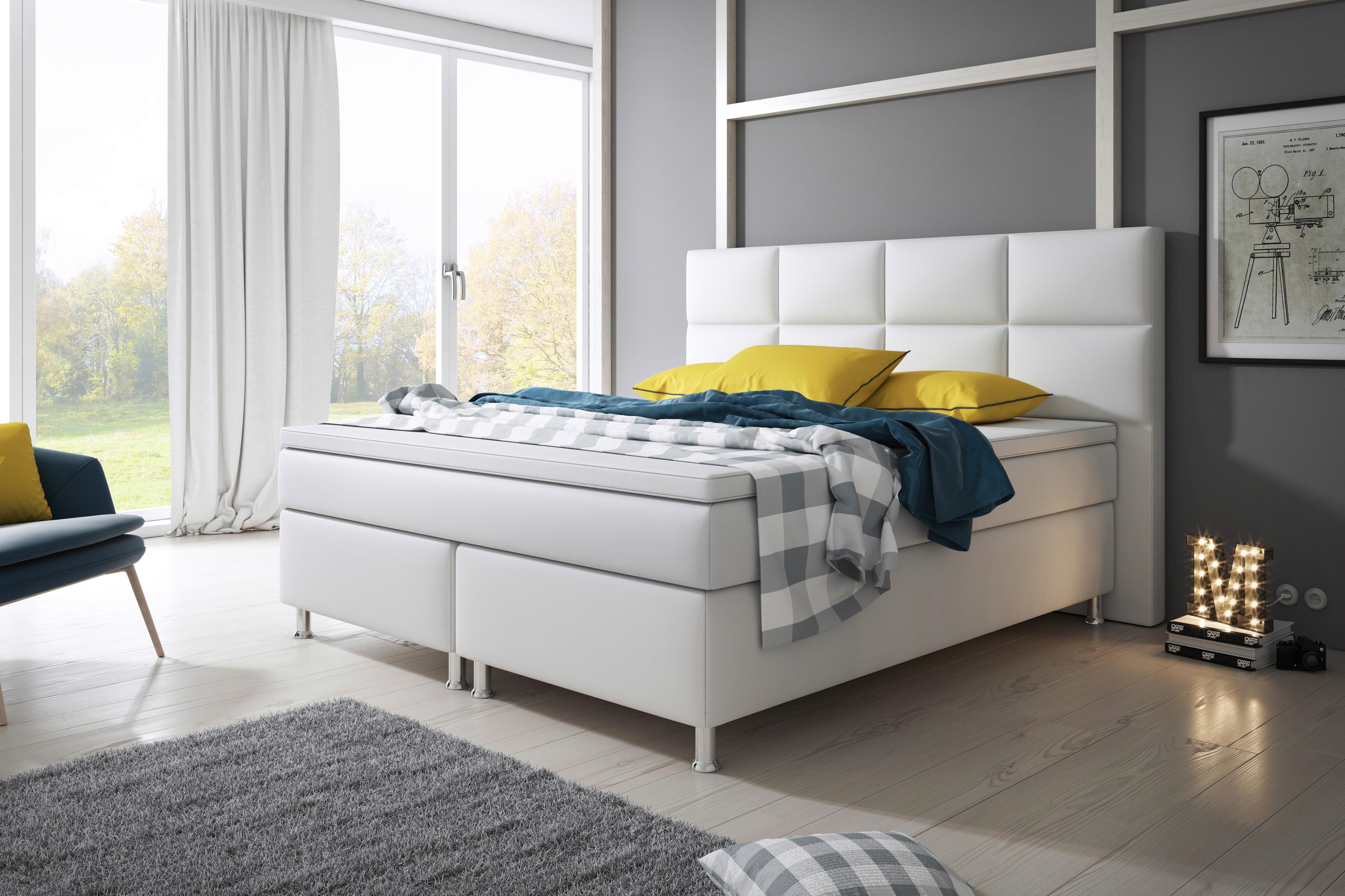 Boxspringbett Mit Topper 180x200 Cm Miami-Bk - Silberfarben/Weiß, KONVENTIONELL, Leder/Textil (200/125/210cm) - MID.YOU