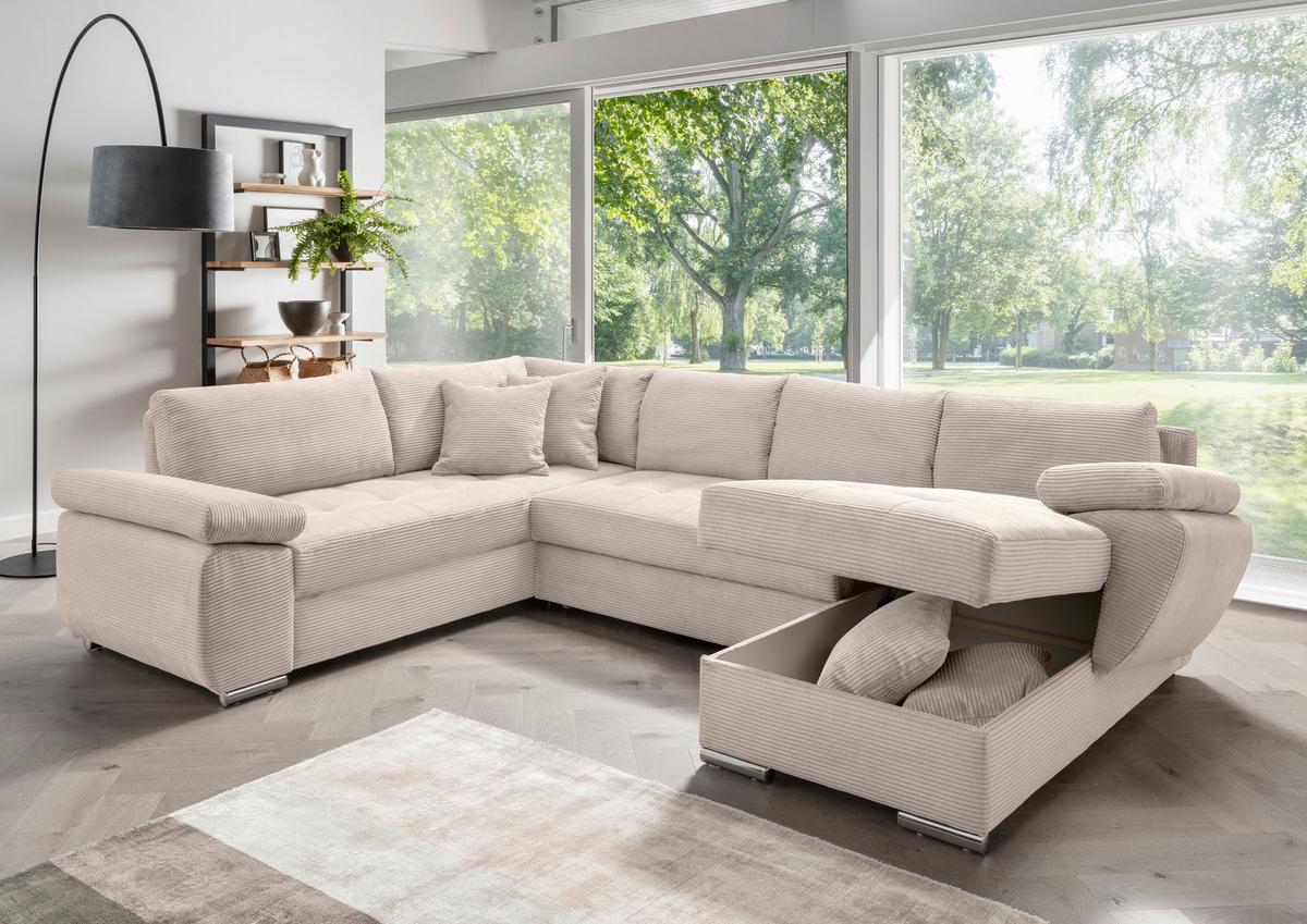 Wohnlandschaft Terana mit Schlaffunktion, Beige - Chromfarben/Beige, KONVENTIONELL, Textil (219/305/157cm) - P & B