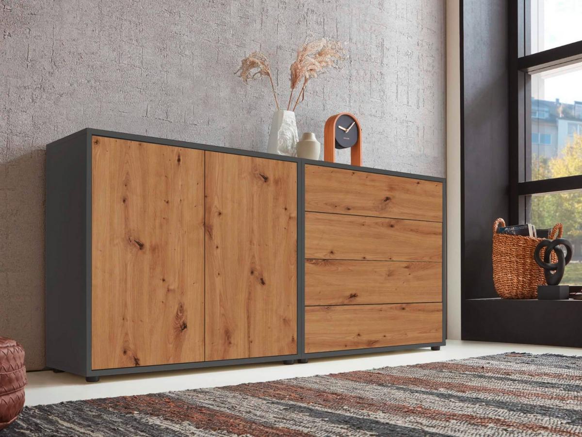 Sideboard Mailand3b:158cmanthrazit/eiche - Anthrazit/Schwarz, MODERN, Holzwerkstoff (158/73/33cm) - MID.YOU