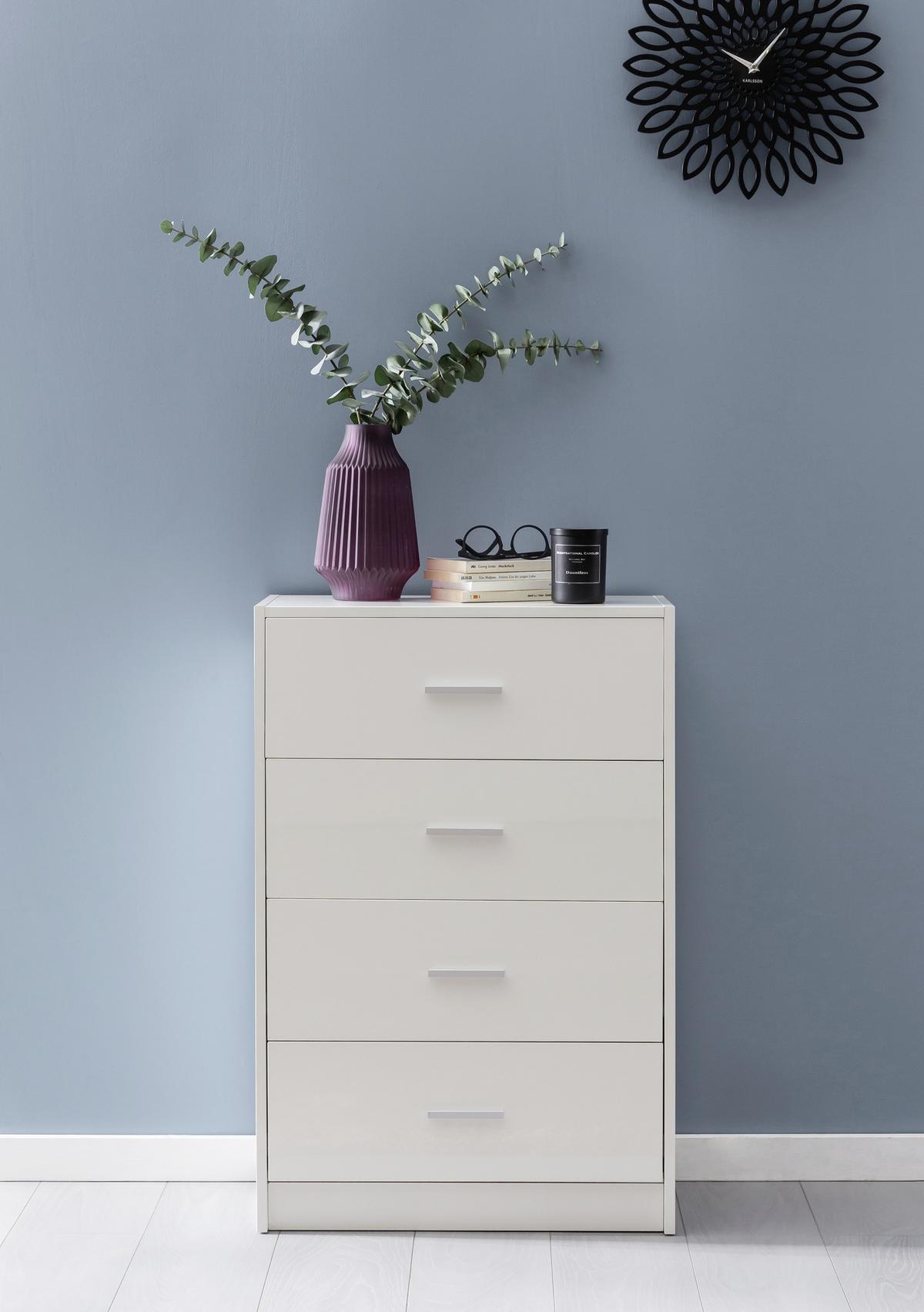 Vysoká komoda biela s vysokým leskom - biela/hliníková, Konventionell, kov/kompozitné drevo (60/90/30cm) - MID.YOU