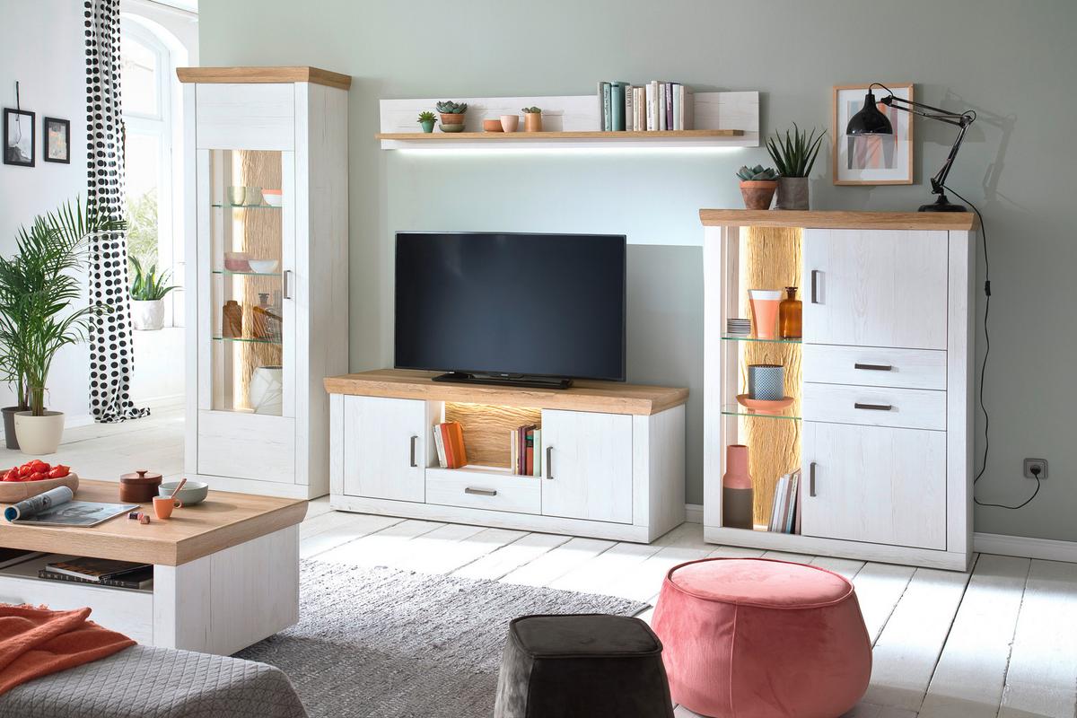 Wohnkombination 4-Tlg. Madrid Eiche-/Pinienfarben - Eichefarben/Schwarz, Design, Glas/Holzwerkstoff (351/205/50cm) - MID.YOU