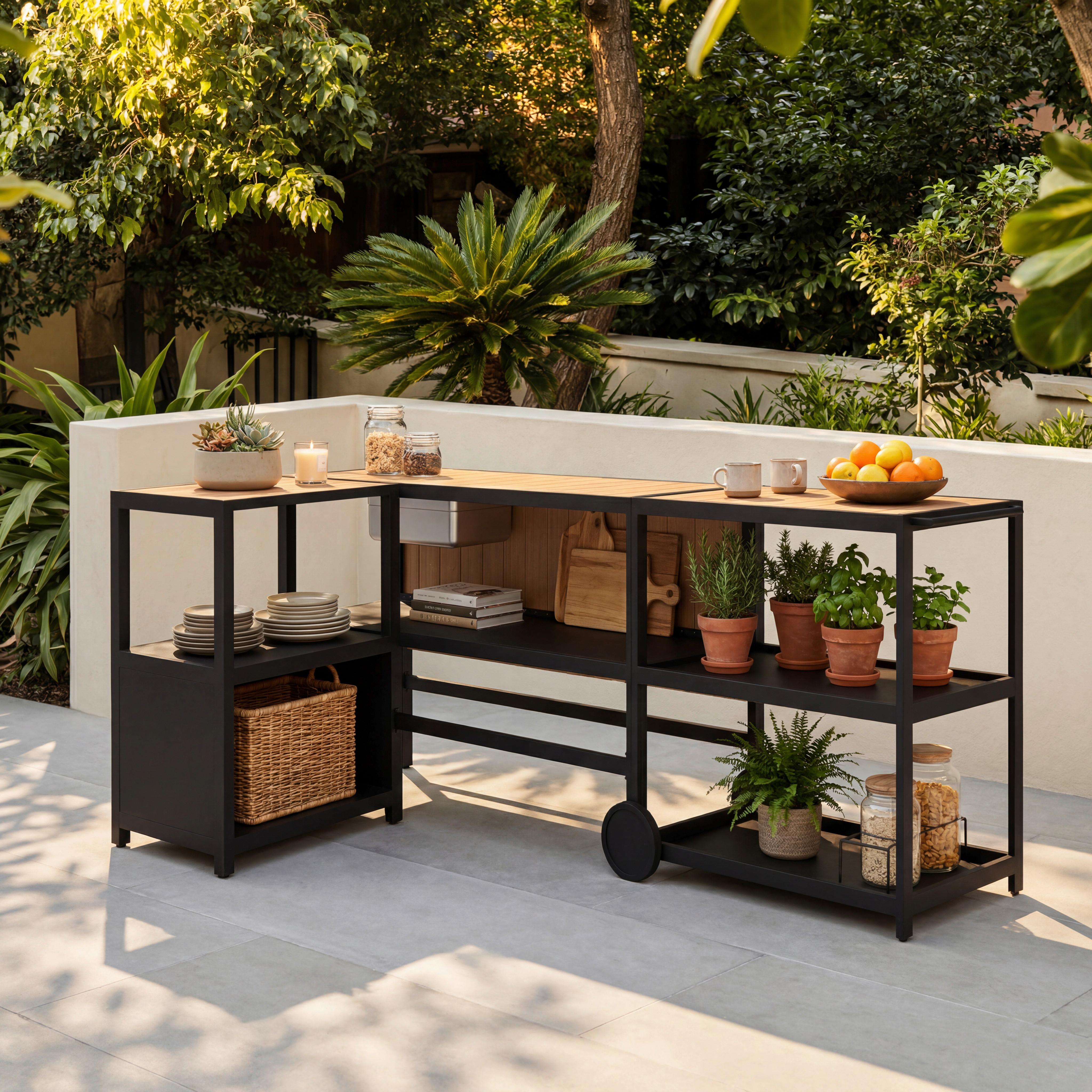 Venkovní zahradní kuchyně DELIA - šedá/černá, Moderní, kov/plast (239/90/120cm) - Bessagi Garden