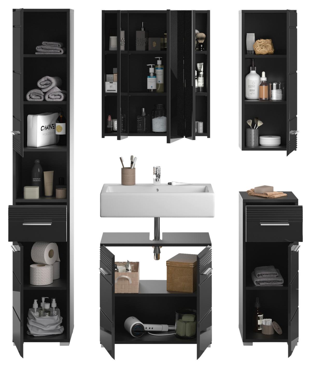 Badezimmer Linus Schwarz Hochglanz B:120 cm - Schwarz Hochglanz/Silberfarben, MODERN, Glas/Holzwerkstoff (120cm) - MID.YOU