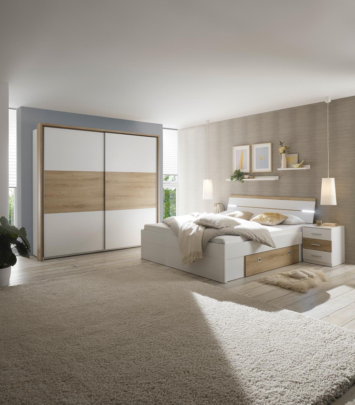 Ložnice Kiara - skříň, postel PL: 180x200cm, 2x noční stolek - bílá/barvy dubu, Moderní, kompozitní dřevo - Livetastic