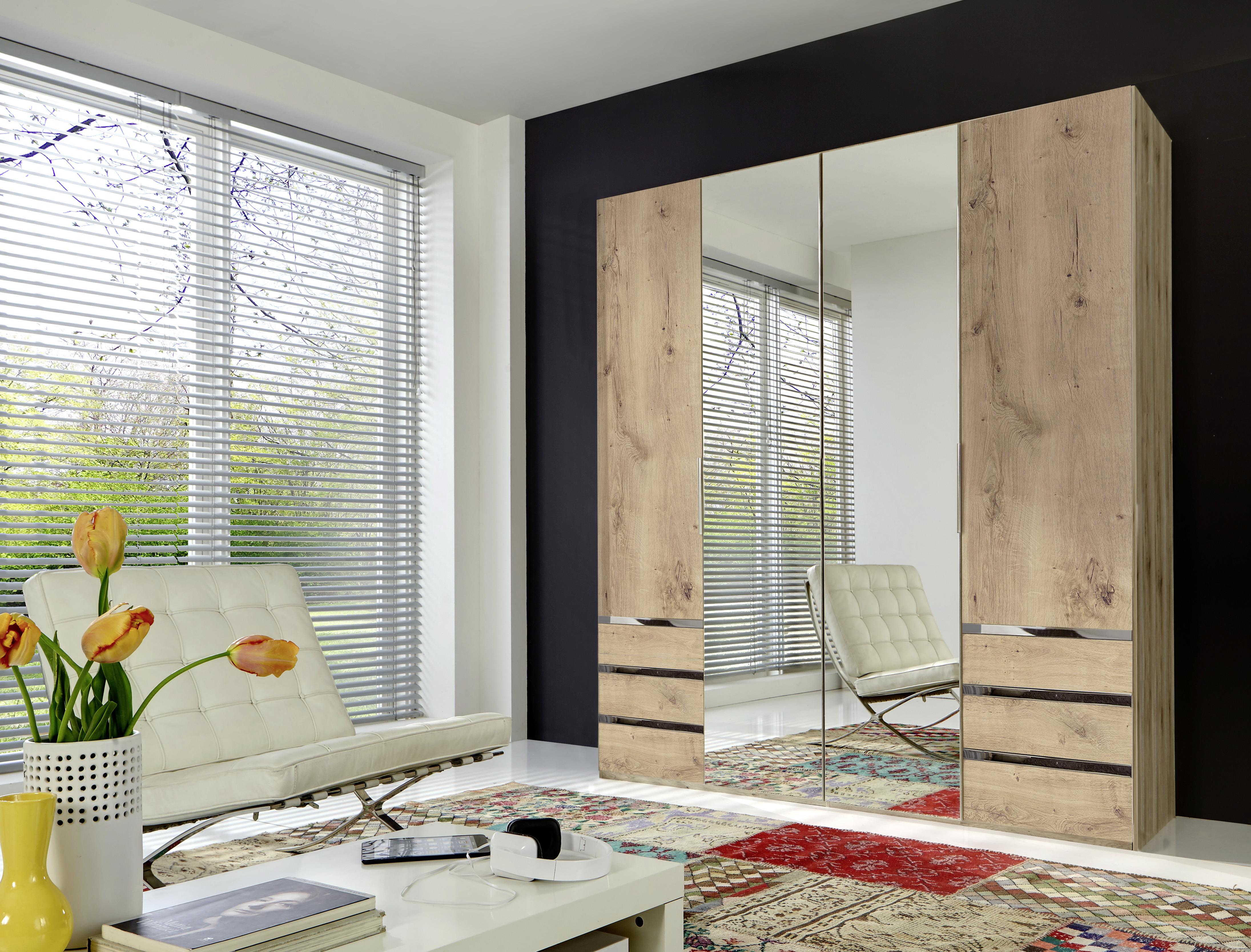 Drehtürenschrank Mit Spiegel + Laden 200cm Level 36a, Eichen - Eichefarben/Silberfarben, MODERN, Glas/Holzwerkstoff (200/216/58cm) - MID.YOU