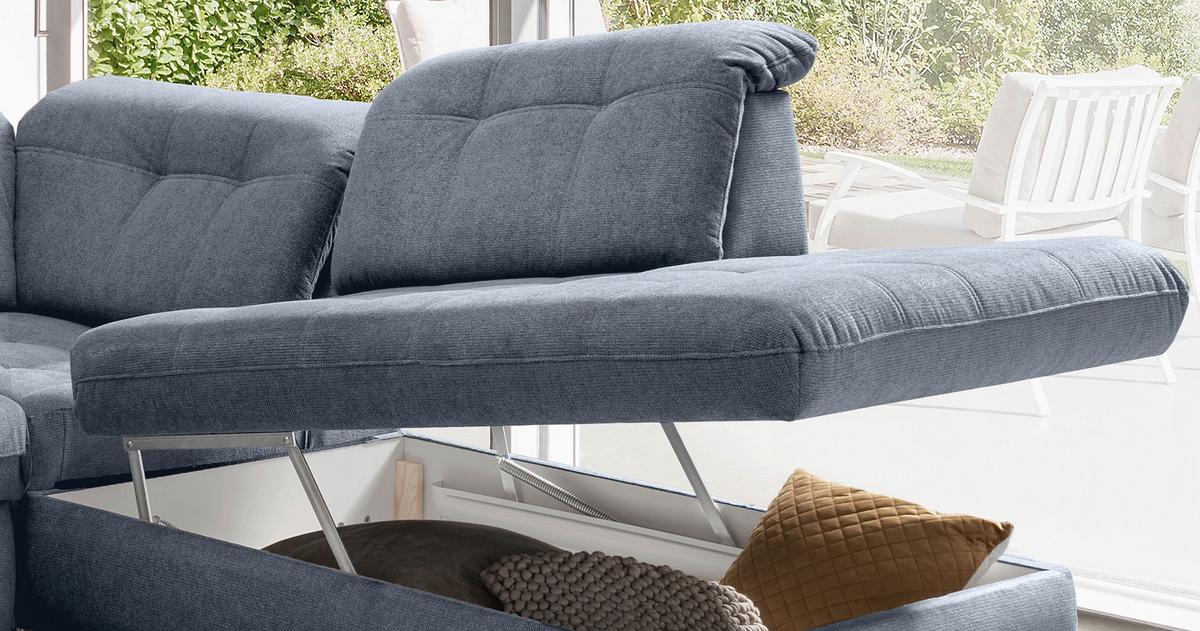 Wohnlandschaft Mit Bettkasten Rigatti Hellblau B: 387 Cm - Schwarz/Hellblau, MODERN, Textil (184/387/252cm) - Livetastic