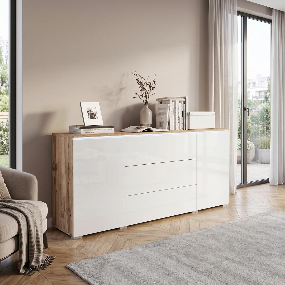 Široká komoda VERA dub/biela - sivá/biela s vysokým leskom, Lifestyle, kompozitné drevo/plast (150/67,9/39,5cm) - P & B