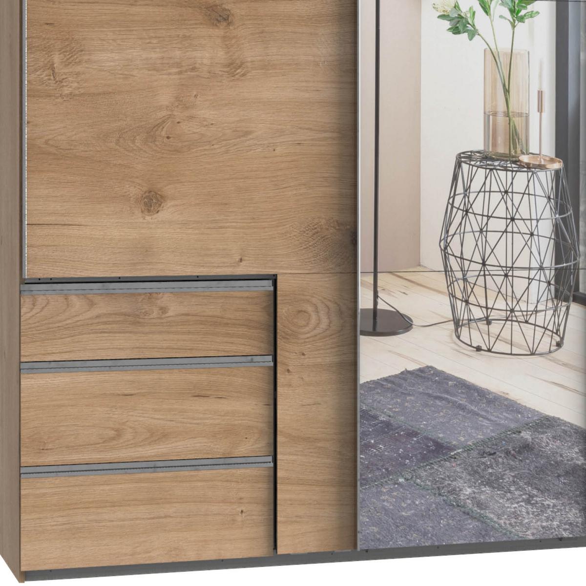 Schwebetürenschrank Mit Spiegel + Laden 350cm Level 36a, Eiche - Eichefarben, Basics, Holzwerkstoff (350/216/65cm) - MID.YOU