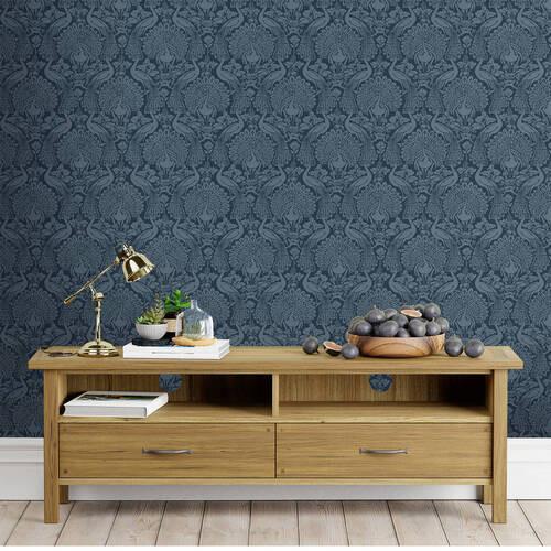 Vliestapete Peacock Damask - Blau, Basics, Papier/Kunststoff (52/1000cm)