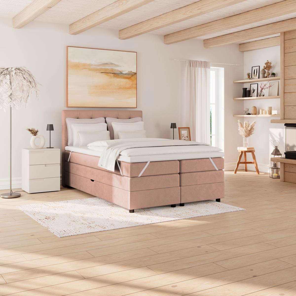 Boxspringbett Elio Altrosa 140x200 Cm H3/h4 - Schwarz/Altrosa, ROMANTIK / LANDHAUS, Textil (144/121/212cm) - James Wood