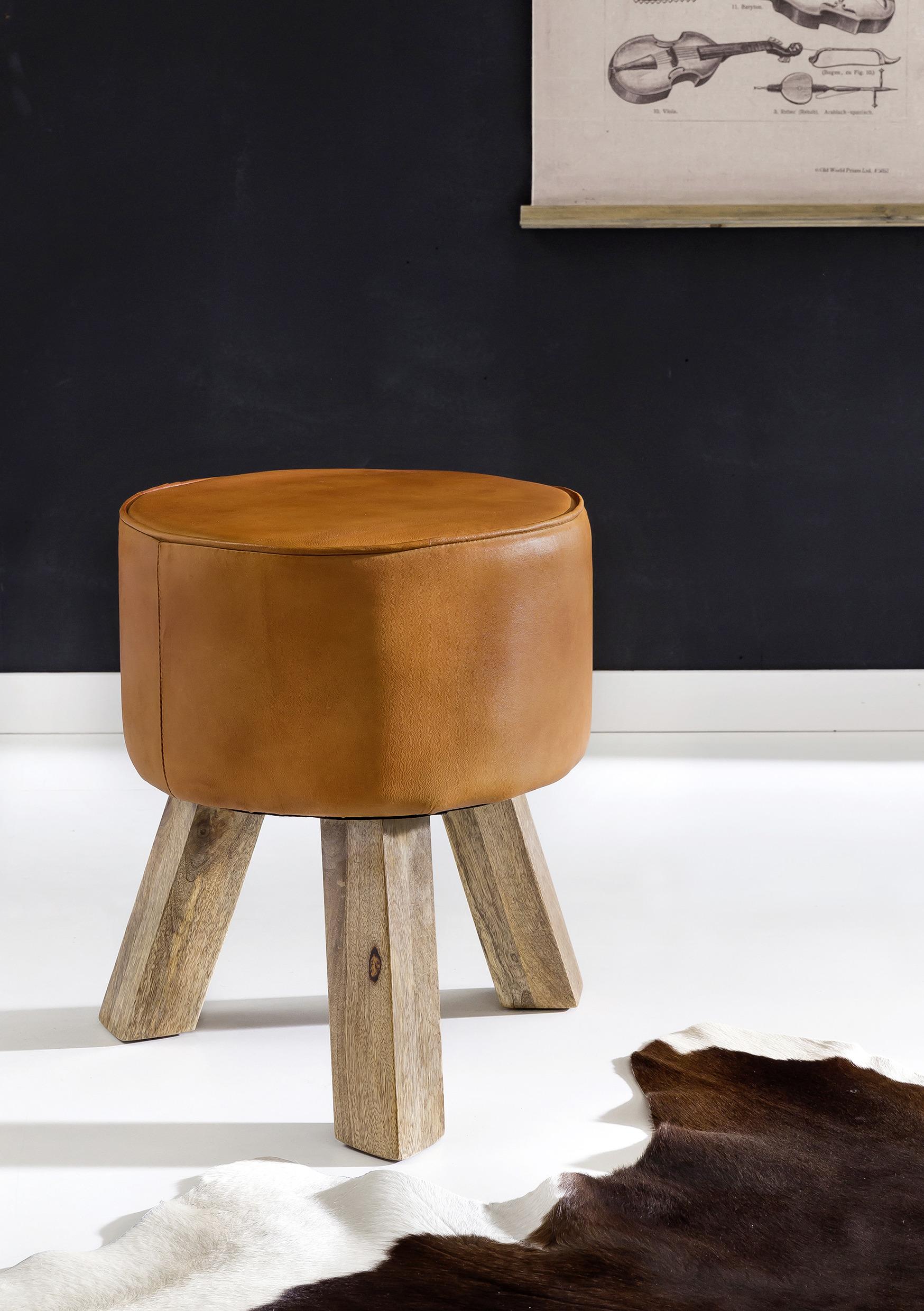 Hocker Leder Braun Sitz Gepolstert H: 45 cm Rund - Braun, Natur, Leder (37/45/37cm) - MID.YOU