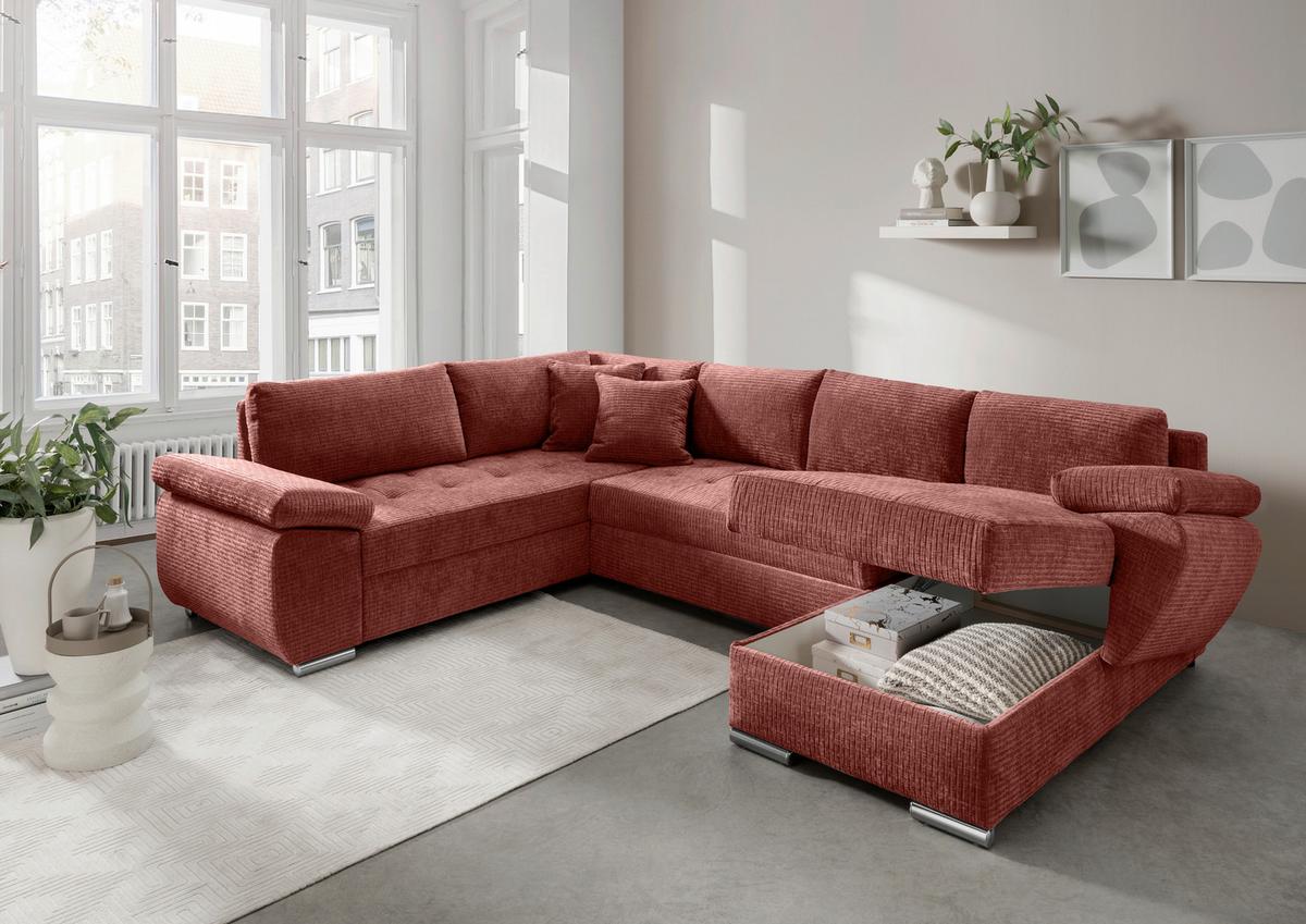 Wohnlandschaft Terana Koralle mit Schlaffunktion, Mikrofaser - Chromfarben/Koralle, KONVENTIONELL, Textil (219/305/157cm) - Livetastic