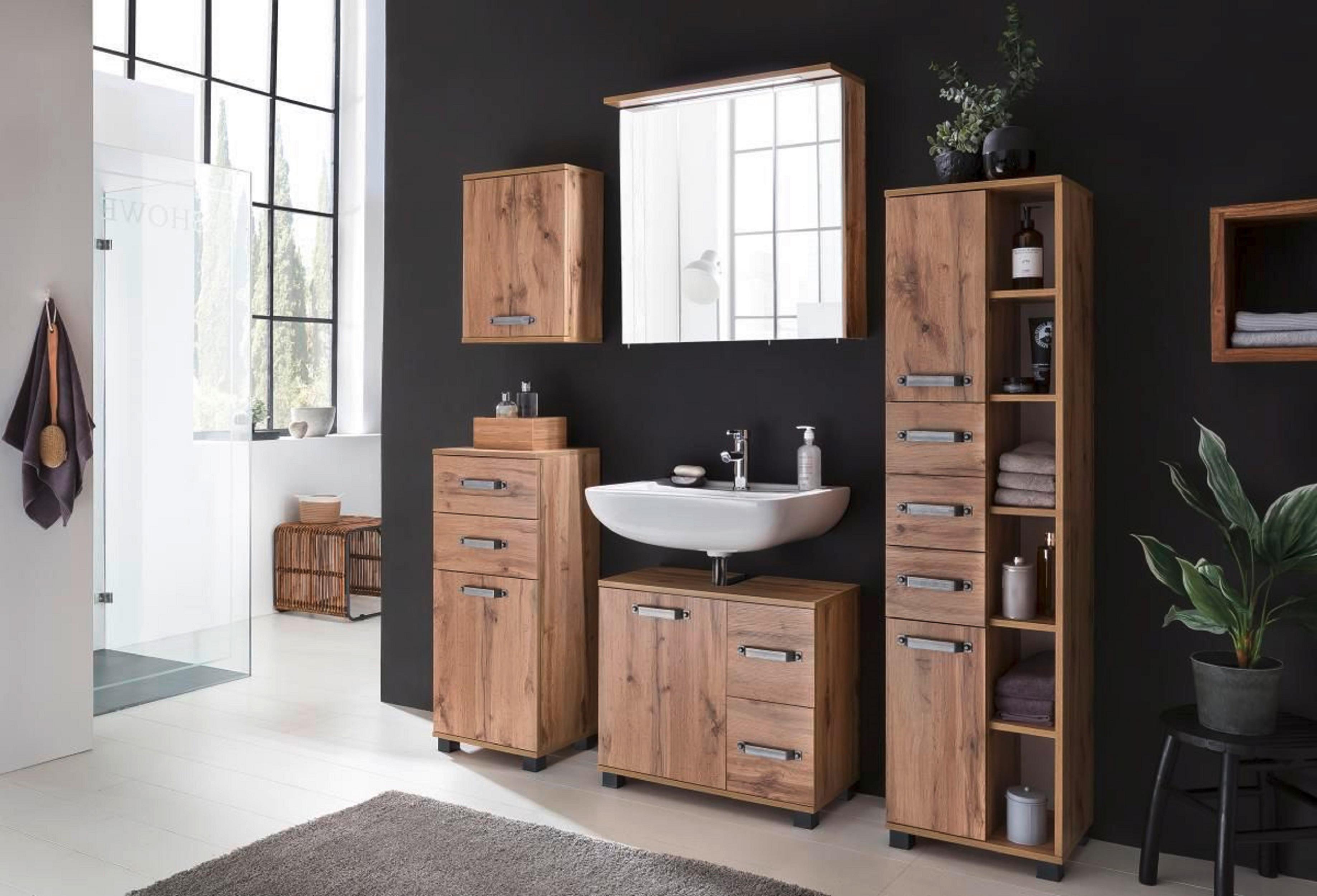 Waschbeckenunterschrank Milan B: 65,1 cm Eiche Dekor - Eichefarben/Schwarz, KONVENTIONELL, Holzwerkstoff (65,1/59/32cm) - MID.YOU