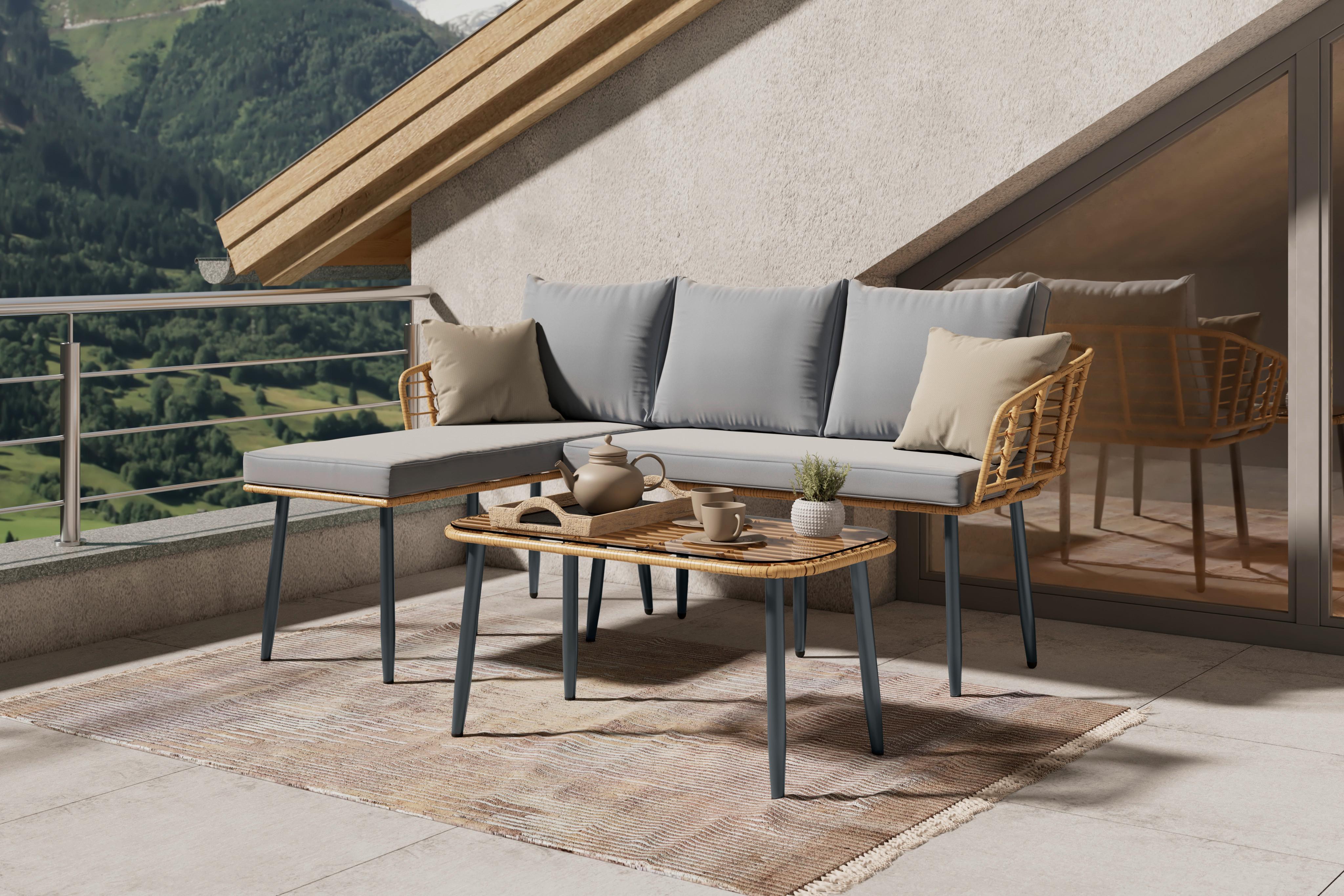 Loungegarnitur Kreta - Naturfarben/Grau, MODERN, Glas/Kunststoff (122/122cm) - Beldano