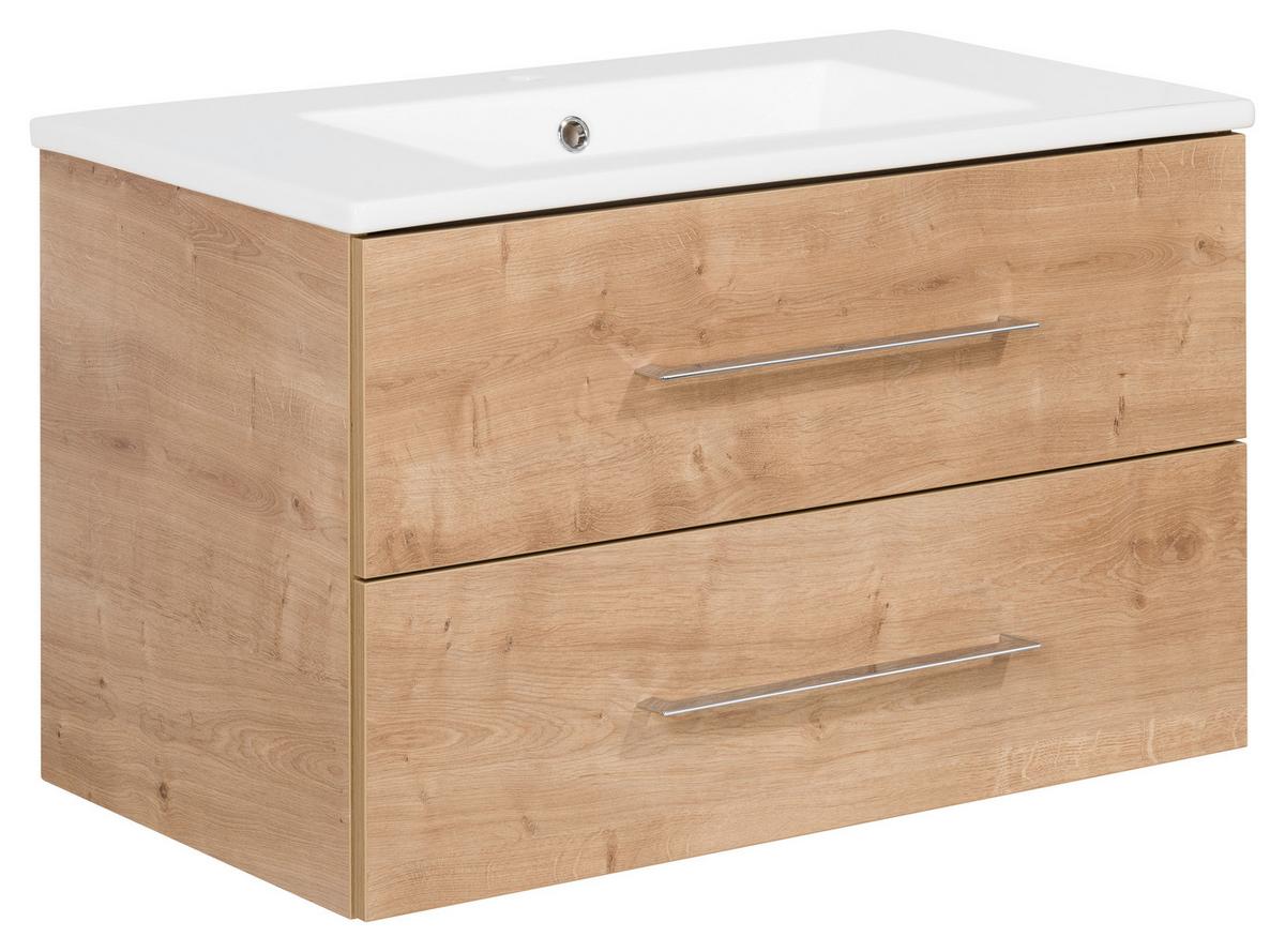 Waschbecken Mit Unterschrank Perfekt B: 82 Cm Eiche Dekor - Eichefarben/Weiß, MODERN, Keramik/Holzwerkstoff (82cm) - MID.YOU