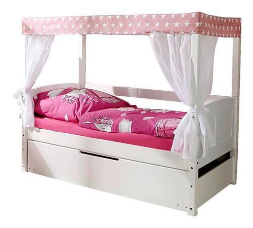 Detská posteľ s nebesami LINO MINI záves ružovo-biely - biela/ružová, Modern, drevo (80/160cm) - MID.YOU