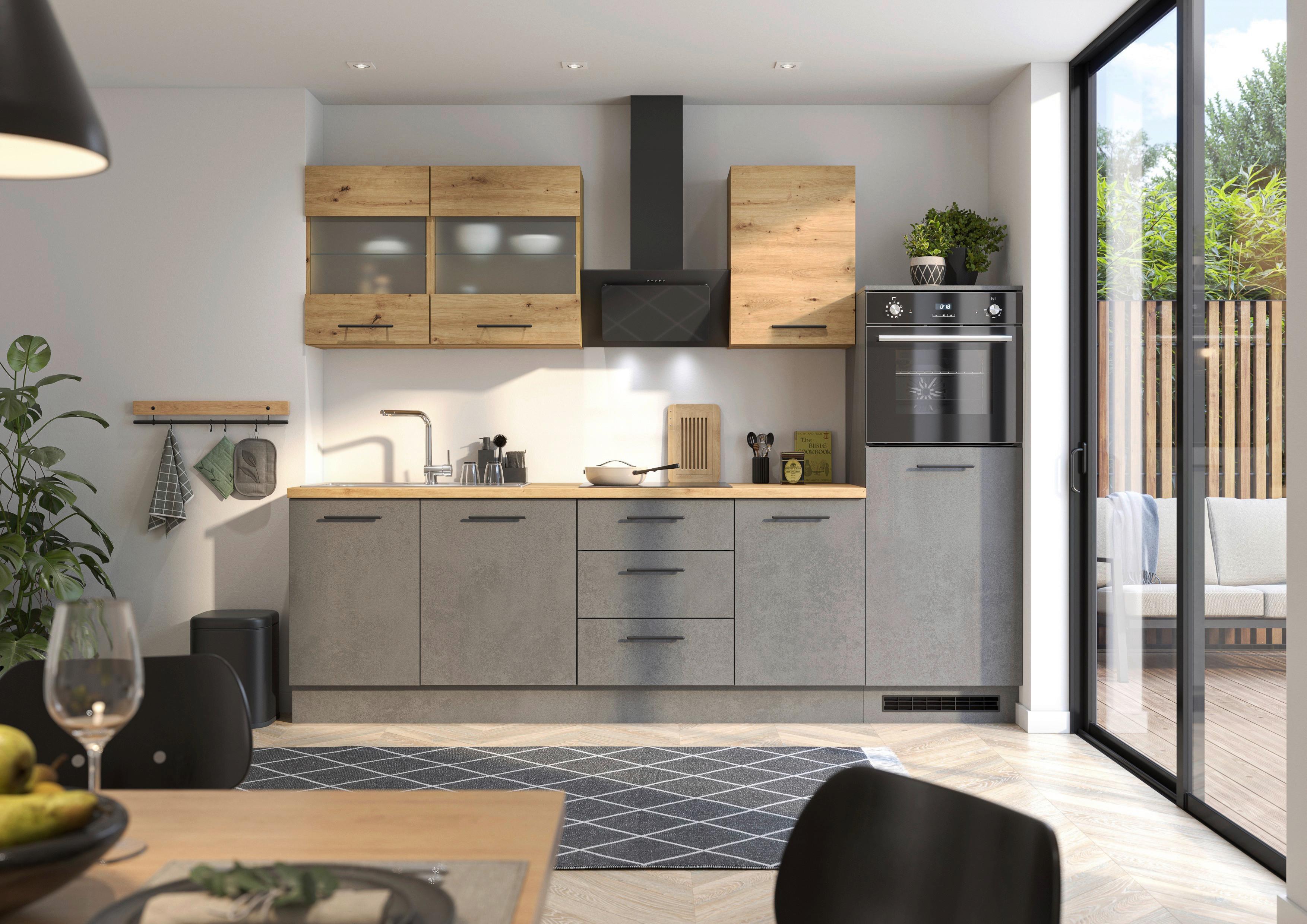 Küchenblock Capri D. Grau/eiche Dekor B: 280 Cm - Dunkelgrau/Eiche Artisan, Basics, Glas/Holzwerkstoff (280cm) - MID.YOU