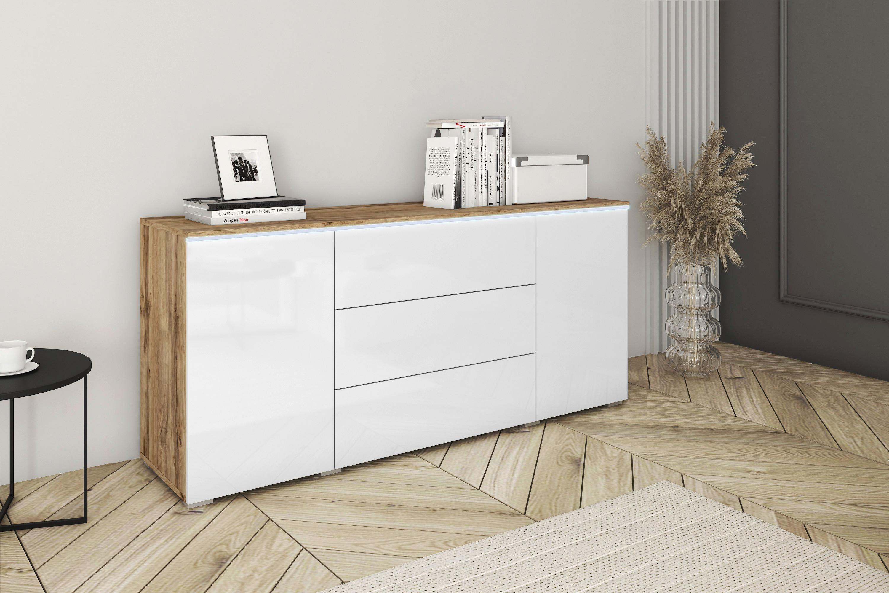 Sideboard mit Led 150cm Vera, Weiß - Weiß Hochglanz/Eiche Wotan, LIFESTYLE, Holzwerkstoff (150/67,9/39,5cm) - P & B