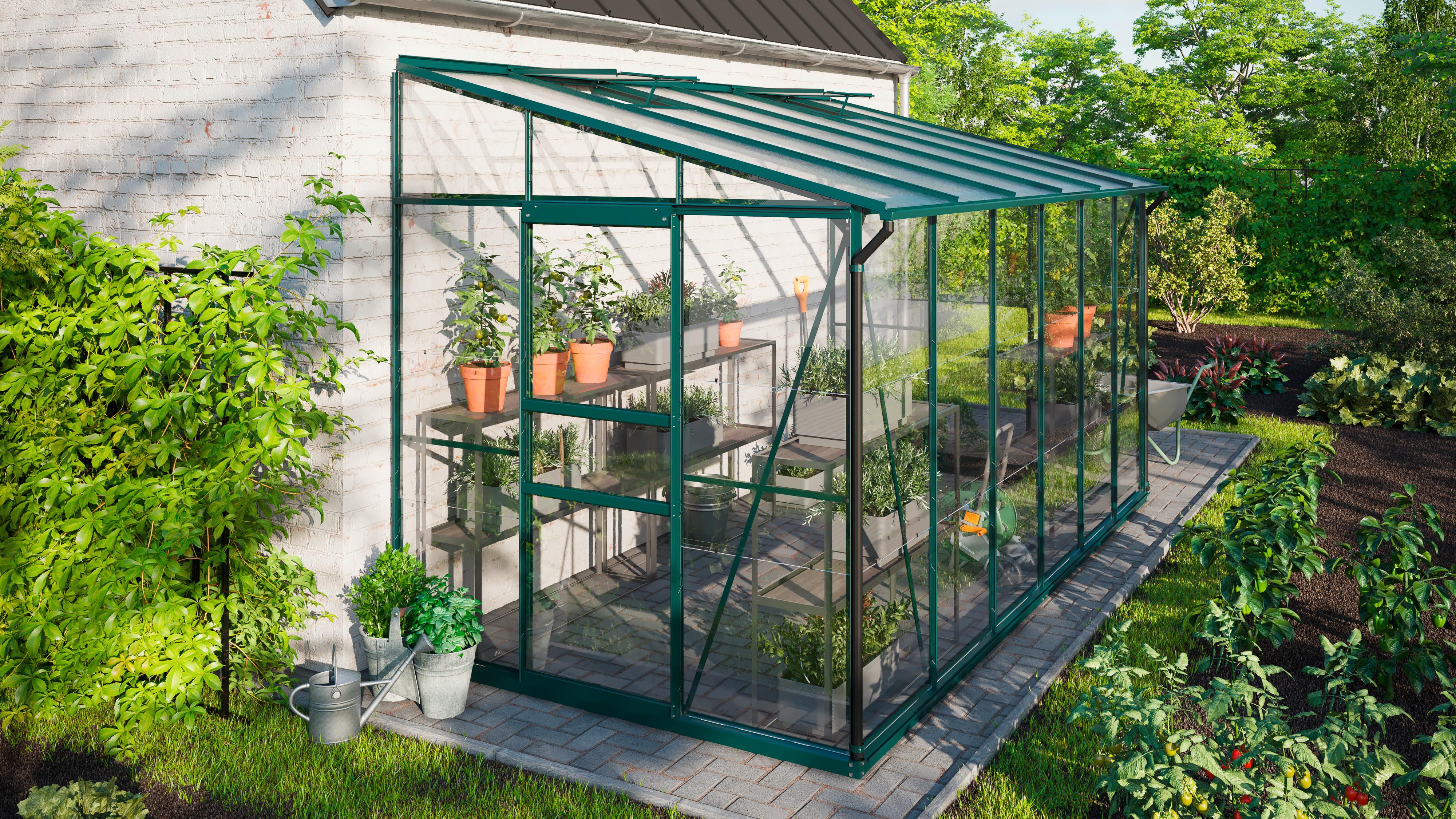 Anlehn-gewächshausbausatz Ida 7800 Esg/hkp, Smaragd - Grün, Basics, Glas/Metall (386,5/220,8/201,4cm)