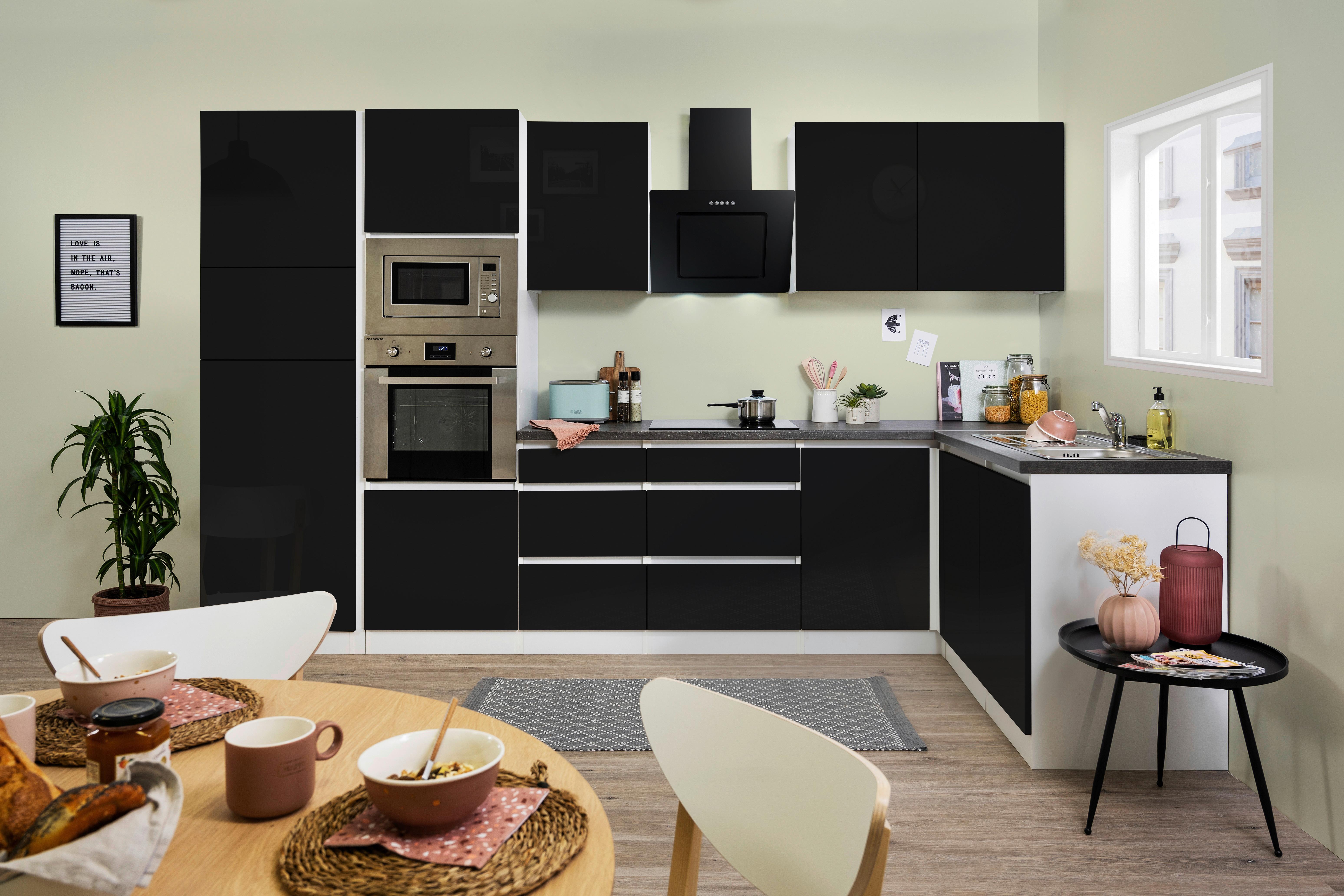 Küchenzeile Premium M. Geräten 345 Cm Weiß/schwarz Hochglanz - Schwarz/Weiß, MODERN, Holzwerkstoff (345/172cm) - Respekta