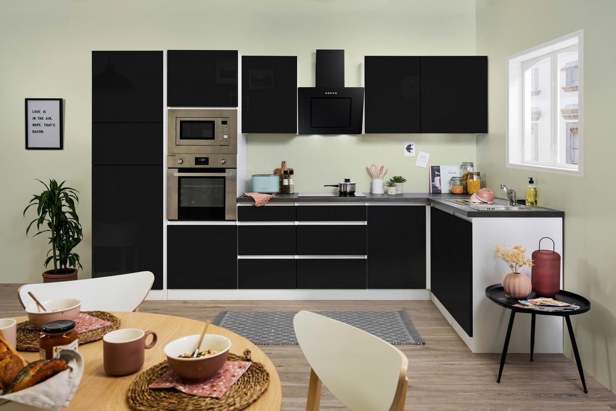 Küchenzeile Premium M. Geräten 345 Cm Weiß/schwarz Hochglanz - Schwarz/Weiß, MODERN, Holzwerkstoff (345/172cm) - Respekta
