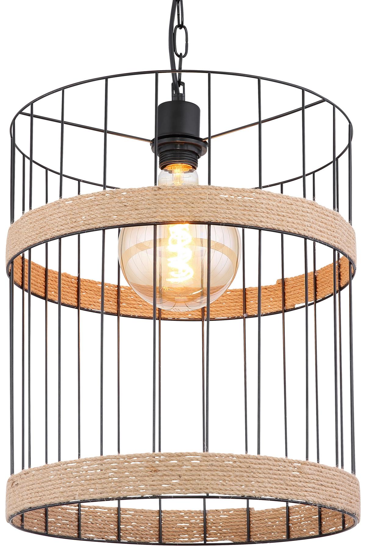 Hängeleuchte Halia H: 145 cm 1-Flammig, mit Hanfseil - Schwarz/Braun, Natur, Naturmaterialien/Metall (35/145cm) - Globo