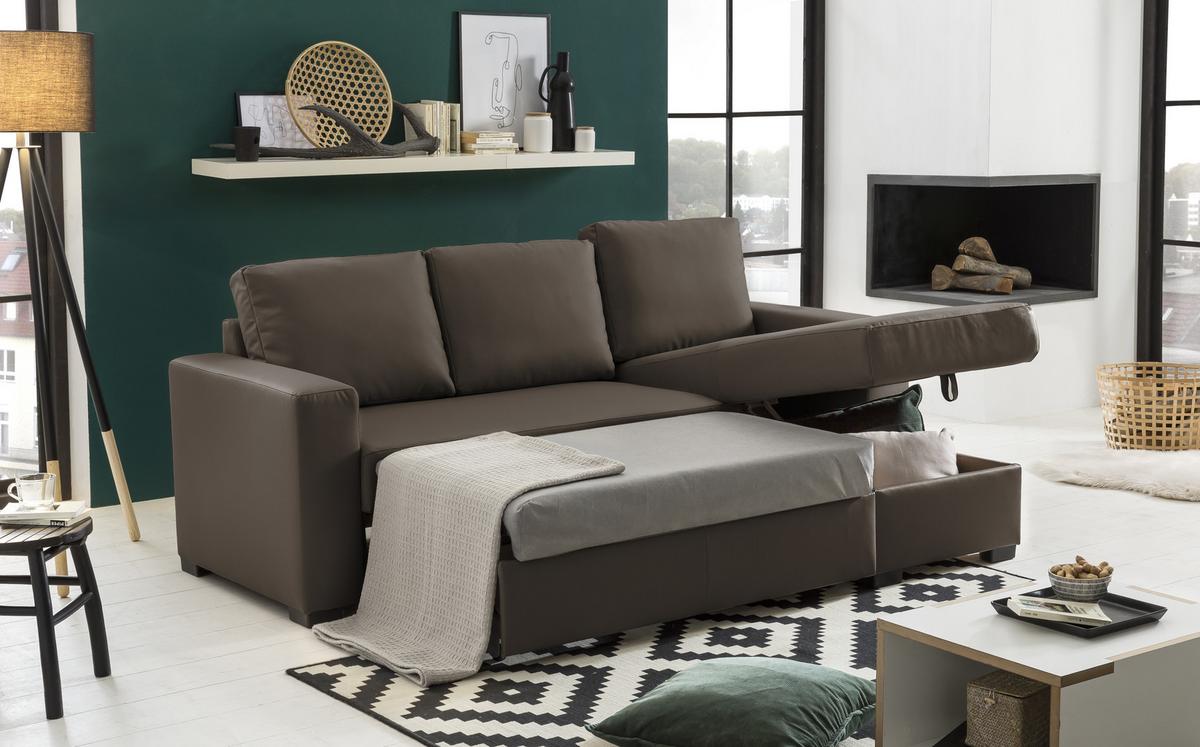 Ecksofa mit Schlaffunktion + Bettkasten Cristiano Lederlook - Braun, Basics, Textil (220/150cm) - MID.YOU