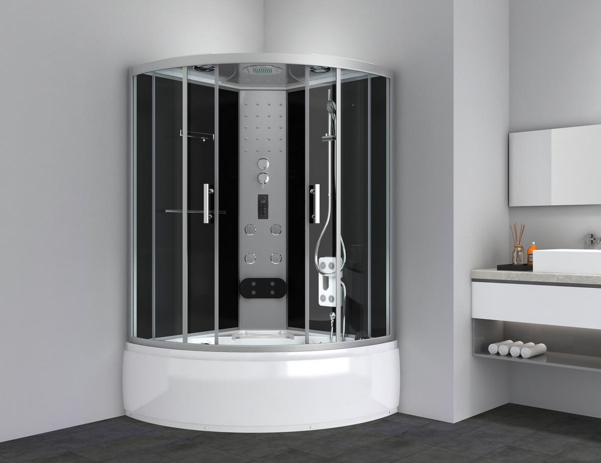 Dampfdusche Cuba Schwarz mit Radio, Ventilator, Ablage - Schwarz/Weiß, Basics, Glas (130/130/229cm) - Sanotechnik