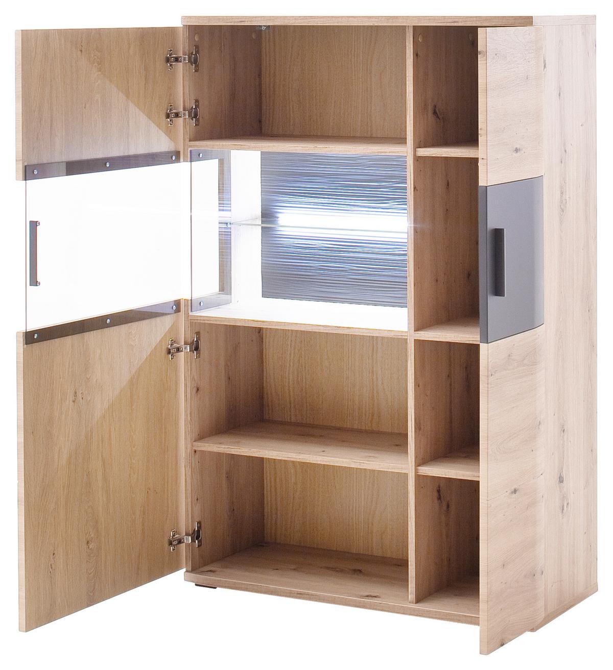 Highboard B: 90 cm Cortona Anthrazit/Eichefarben - Klar/Eichefarben, Design, Glas/Holzwerkstoff (90/134/37cm) - Livetastic