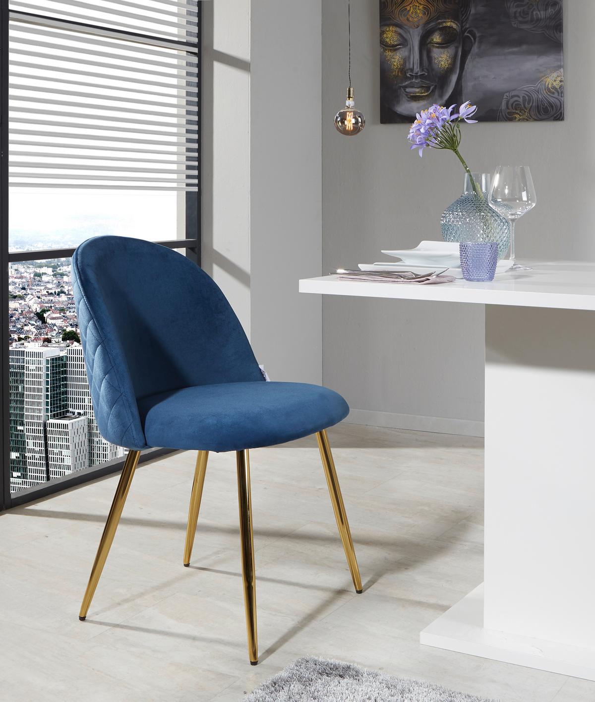 Polsterstuhl Artdeco Blau, Beine Gold - Blau/Goldfarben, MODERN, Textil/Metall (51/79/58cm) - MID.YOU