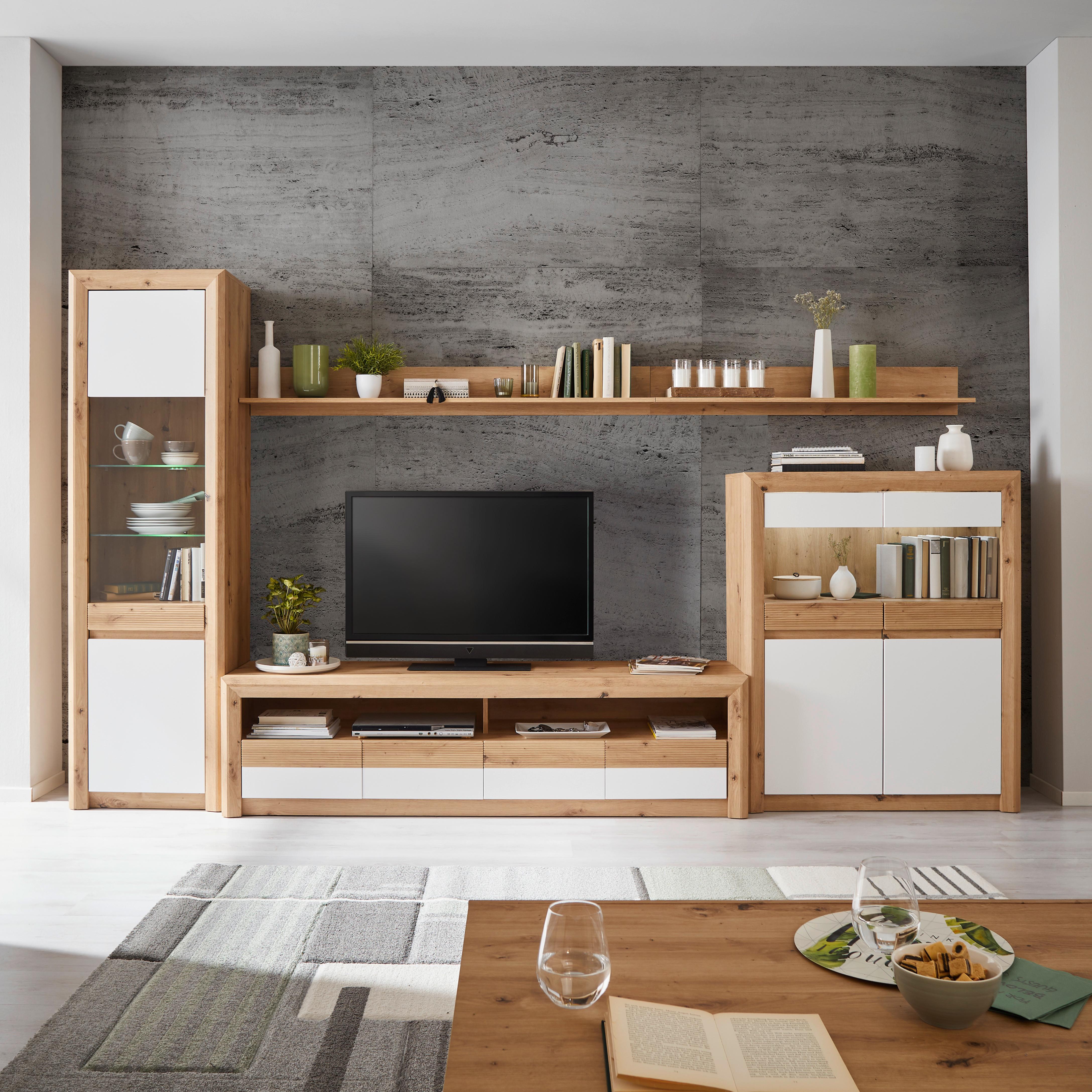Wohnkombination 6 -Teilig. mit Led Kashmir New 3 Eiche Dekor/Weiß - Eichefarben/Weiß, MODERN, Holzwerkstoff (342/192/49cm) - James Wood