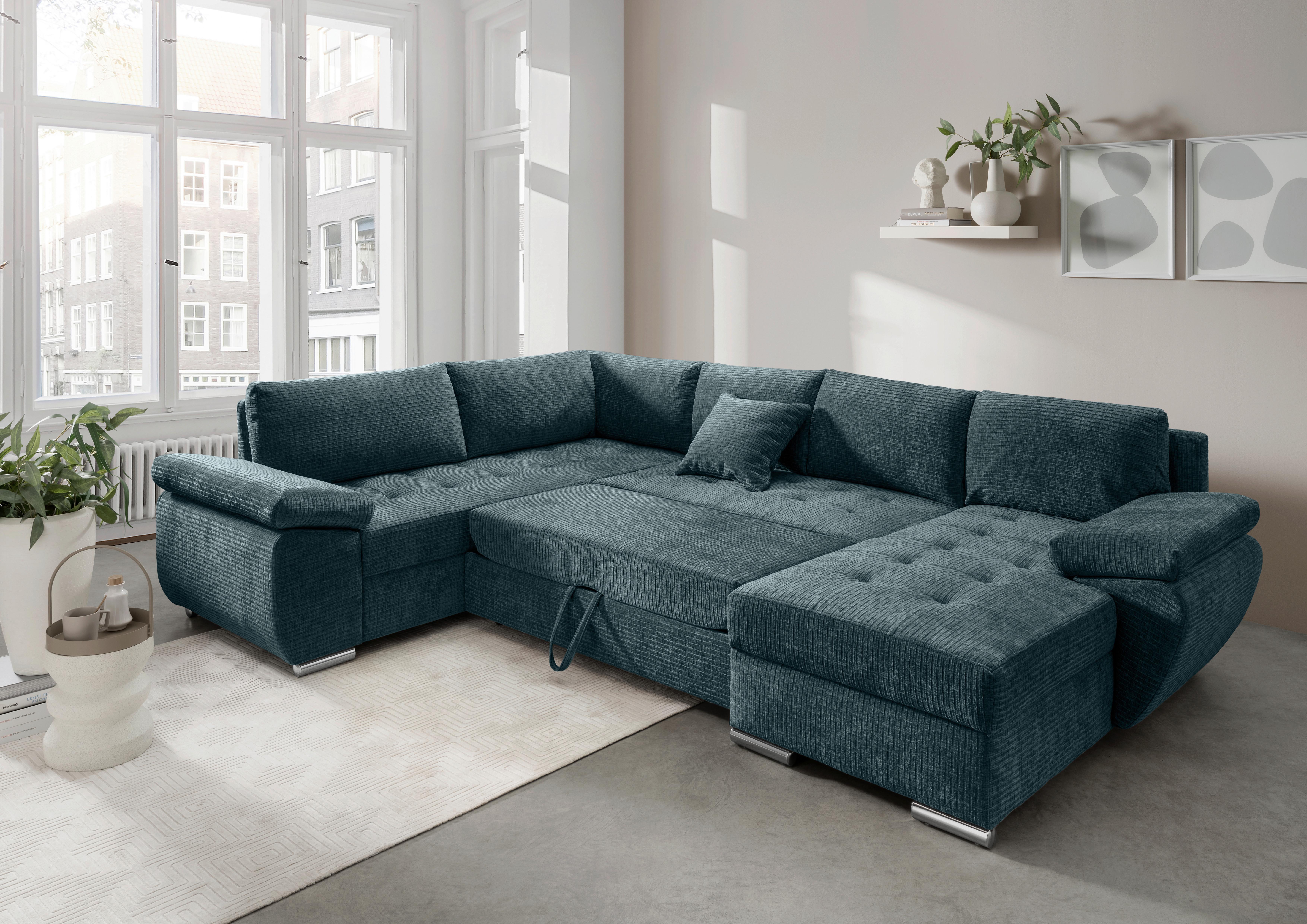 Wohnlandschaft Terana Blau mit Schlaffunktion, Mikrofaser - Chromfarben/Blau, KONVENTIONELL, Textil (219/305/157cm) - Livetastic