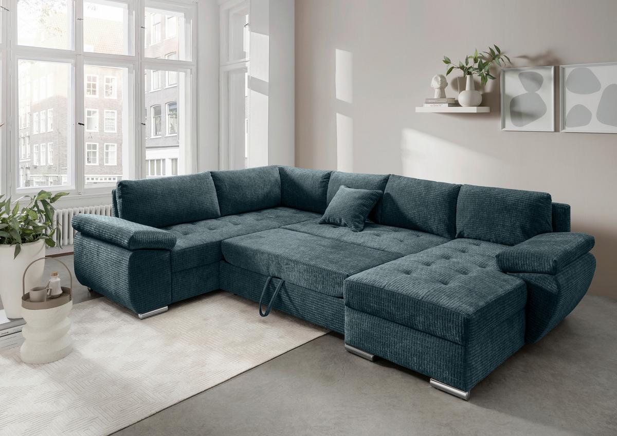 Wohnlandschaft Terana Blau mit Schlaffunktion, Mikrofaser - Chromfarben/Blau, KONVENTIONELL, Textil (219/305/157cm) - Livetastic